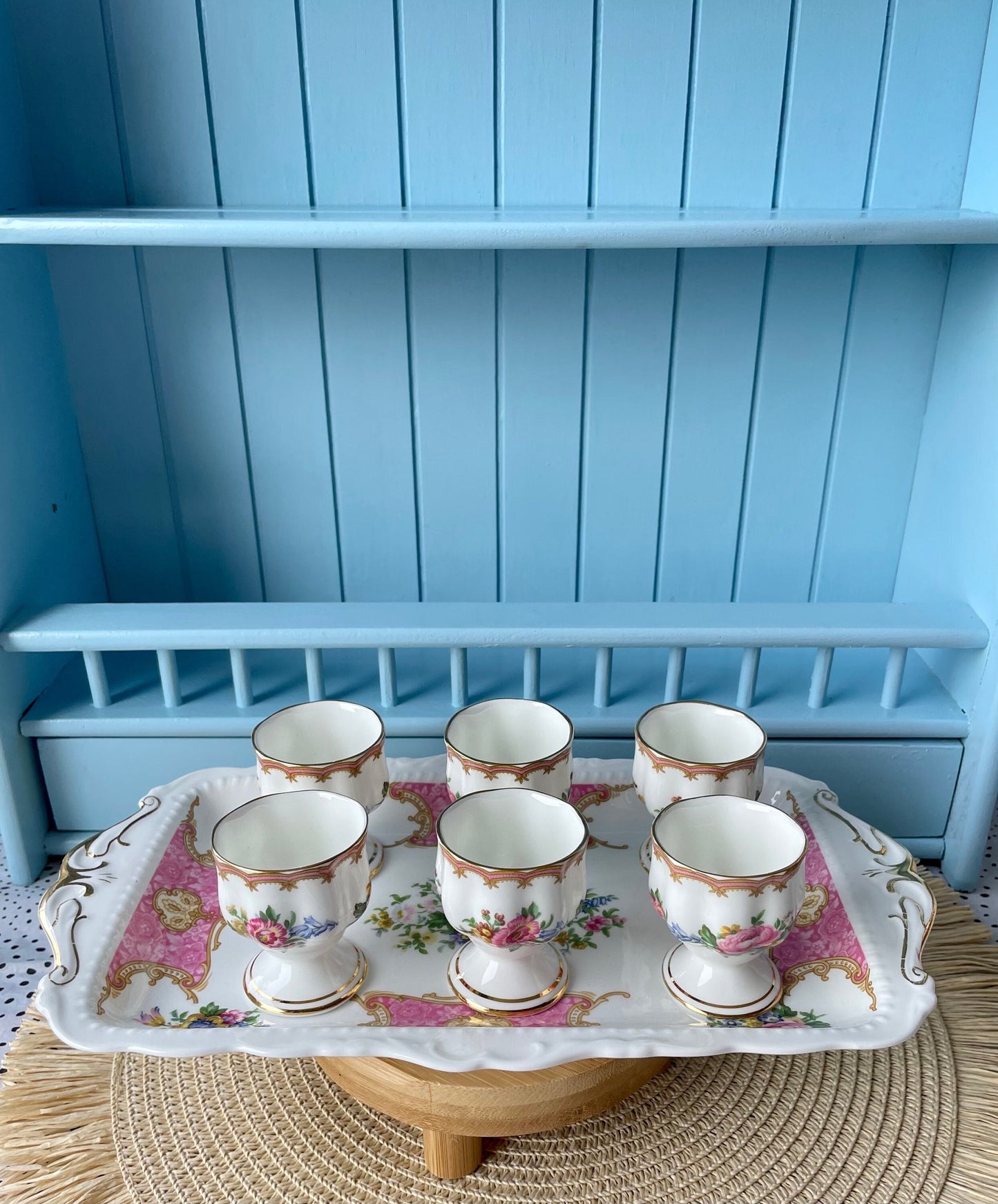 Hard to Find Vintage Royal Albert "Lady Carlyle" Set of 6 Egg Cups with Sandwich Plate, Bone China, Previously Loved, Pink Roses, England