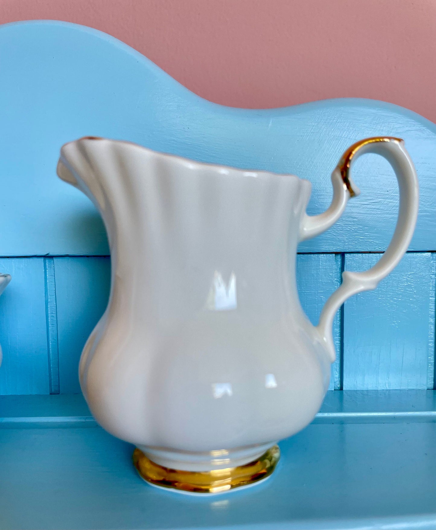 Crisp White Royal Albert "Val D'Or" Gold Creamer Set, Sugar Bowl, Milk Jug & Platter, Bone China England, Previously Loved Vintage, High-Tea