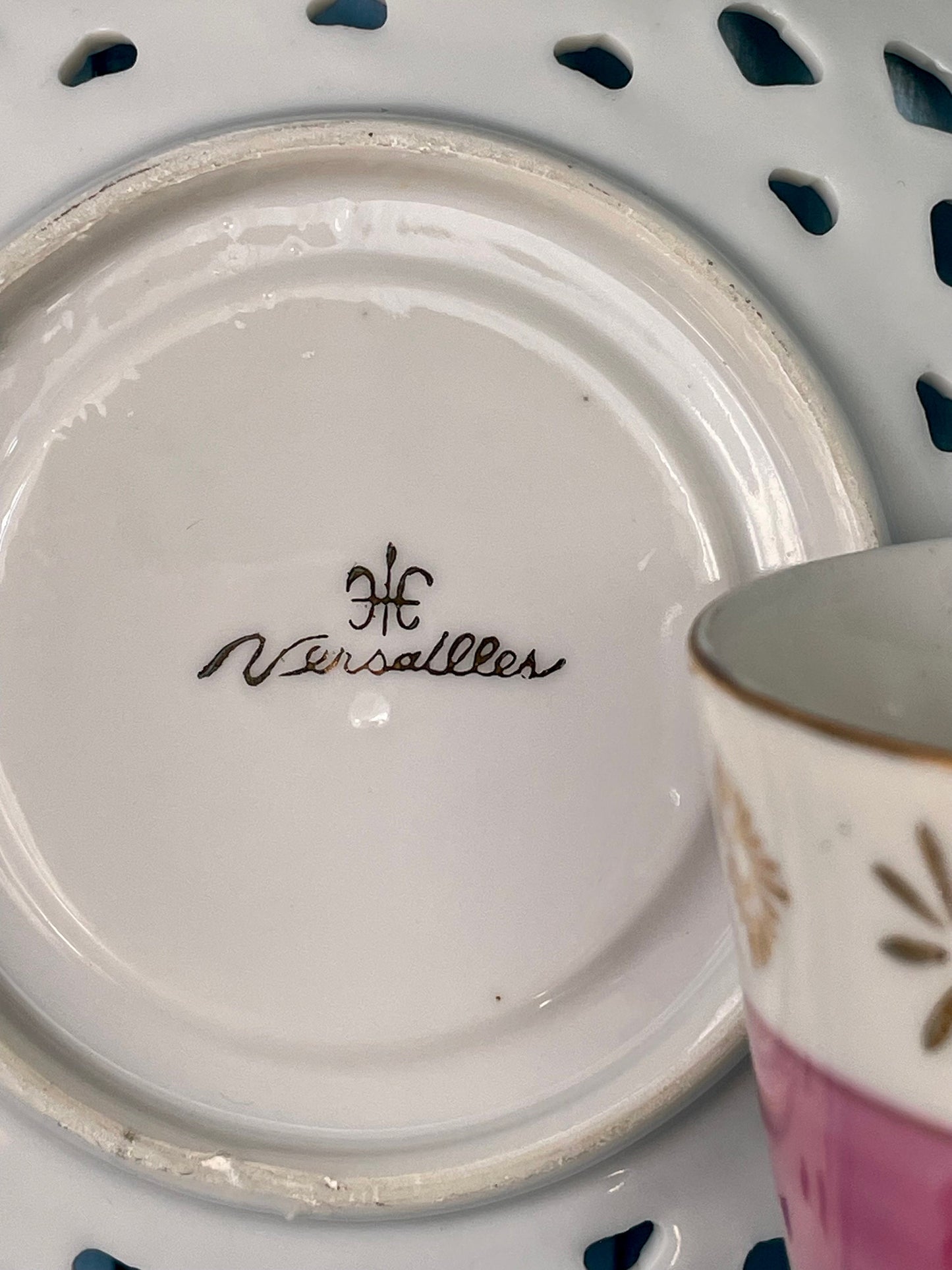 Hard to Find Rare Vintage Versailles, Pearl Shine Versailles Teacup & Laced Saucer with Fragonard Love Scene, Shabby Chic, Made in France