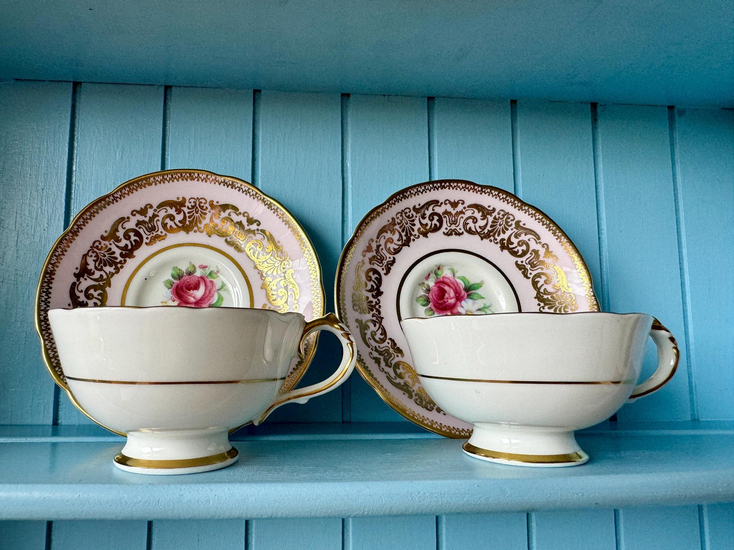 2 Rare Vintage 1940s Paragon Pastel Pink Espresso Cup Saucer, Bone China, Floral Design, by Appointment HM Queen Elizabeth, Double Warrant!