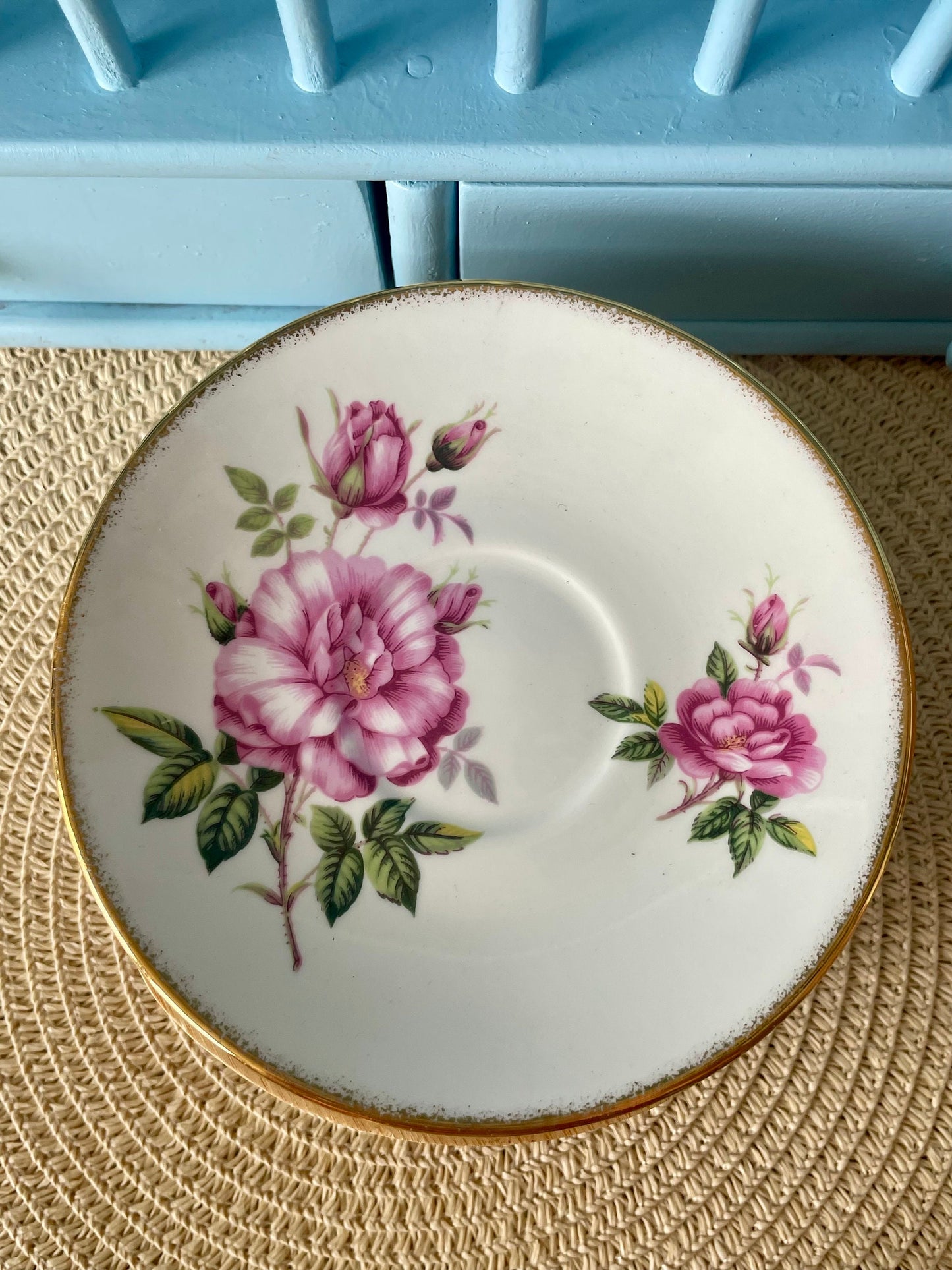 Vintage Queens, Pink Roses Floral Bone Tea Cup and Saucer, Antique English China, Previously Loved Footed Cup, Perfect Gold, Made in England