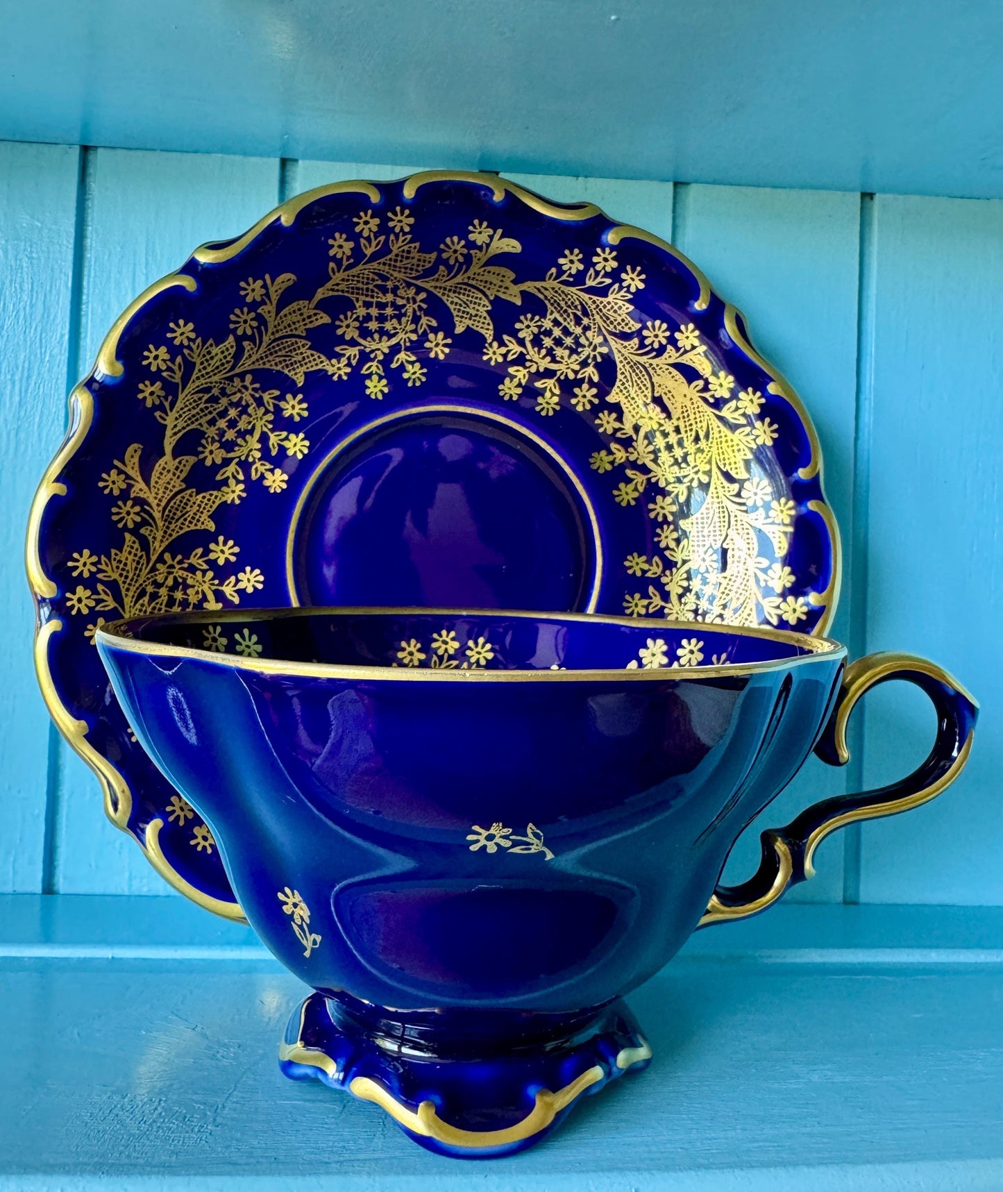 Very Rare Hard to Find Mint Condition, Vintage Lindner Kueps Bavaria Made in Germany Real Cobalt EspressoCup &Saucer, Kobalt Blue, 24 karat