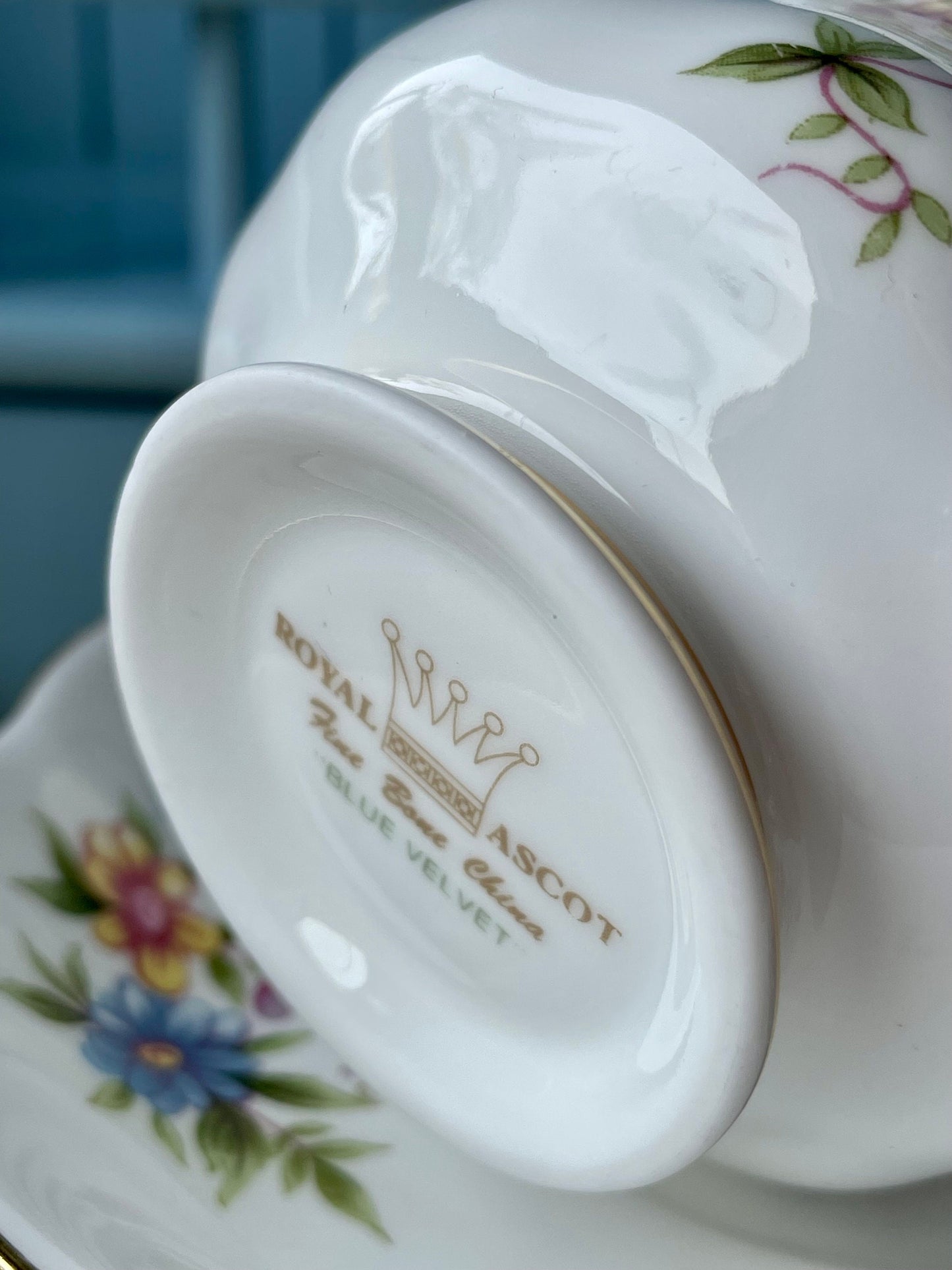 Vintage 'Royal Ascot' Blue Velvet Tea Cup And Saucer, Made In England. Fine Bone China, Previously Loved Vintage Cup, Antique British TeaCup