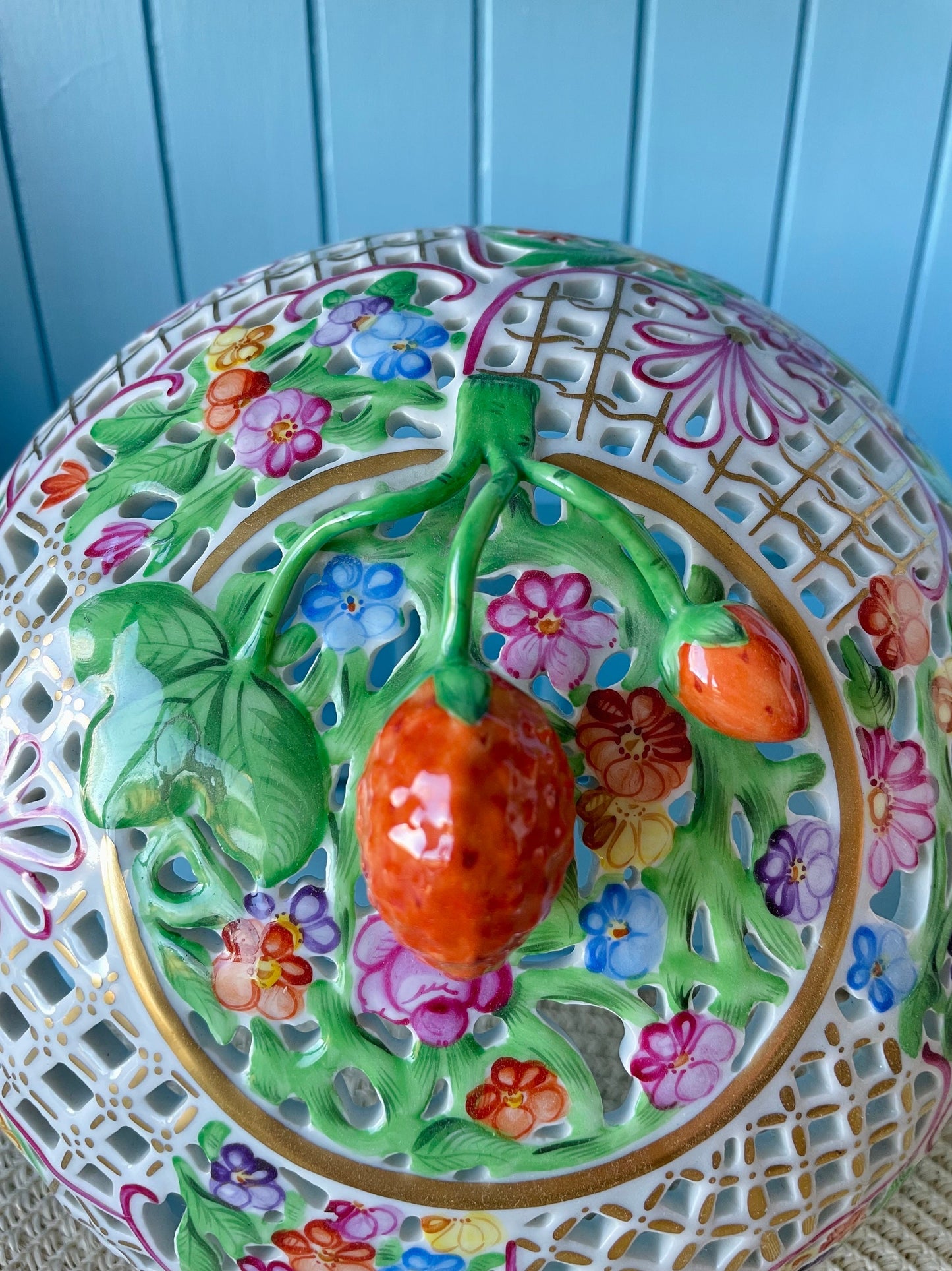 Rare Vintage Herend Porcelain Bonbonniere with FREE GIFT, Exquisite Design, Hand-Painted, Gold-Plated, Large Open Work Basket, Made Hungary