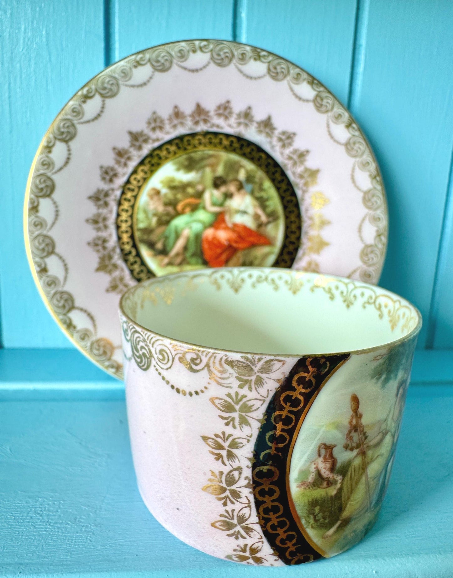 Antique Royal Vienna Fragonard Espresso Cup & Saucer, Beehive Mark Cup, Pink Gold Eggshell Porcelain, Matched Set, Vintage Romantic, Austria