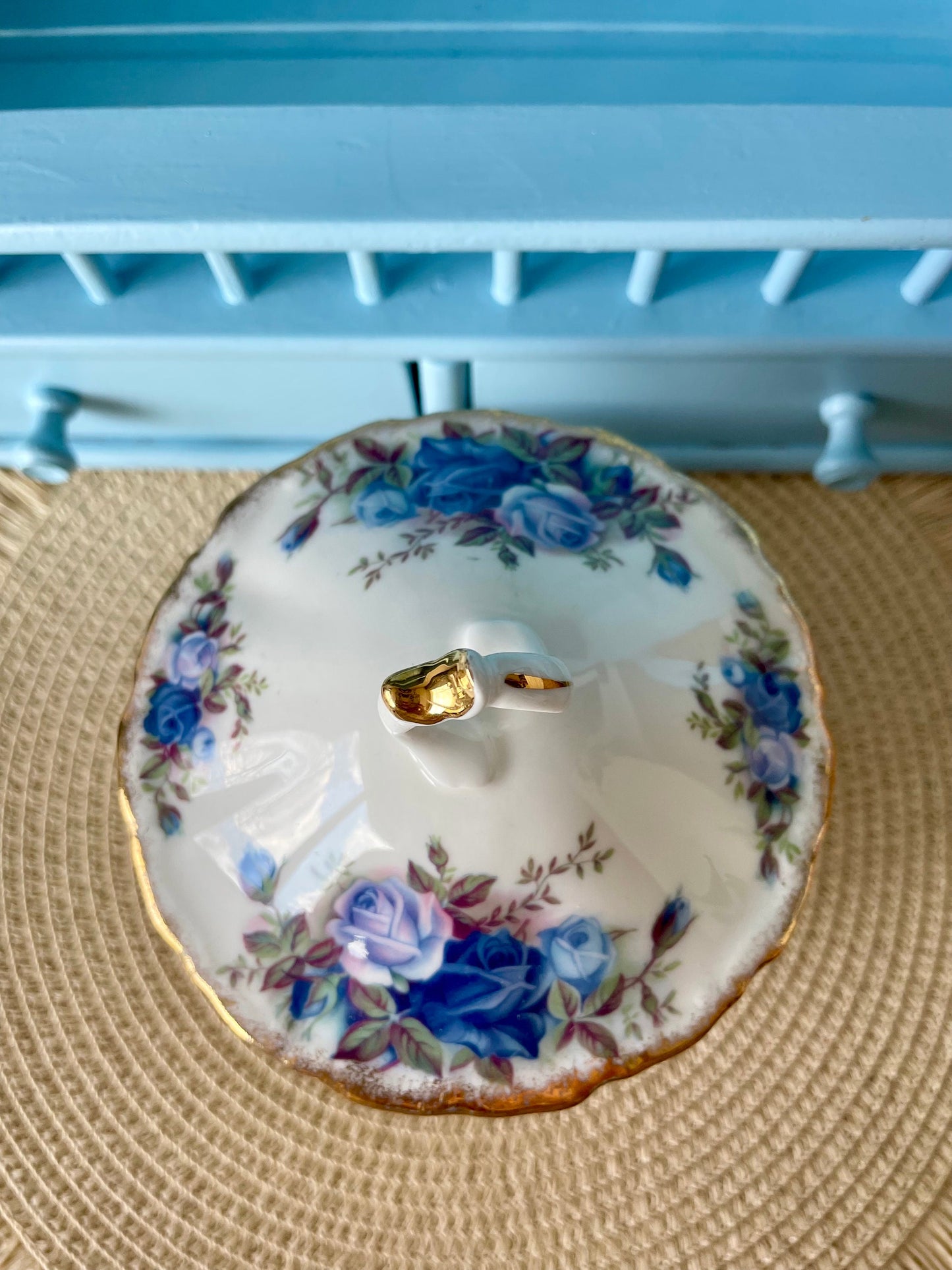 Vintage Royal Albert Moonlight Rose Candy Dish with Lid, Blue Roses & Gold Trim, Perfect for Candy, Bonbon Dish, English Bone China