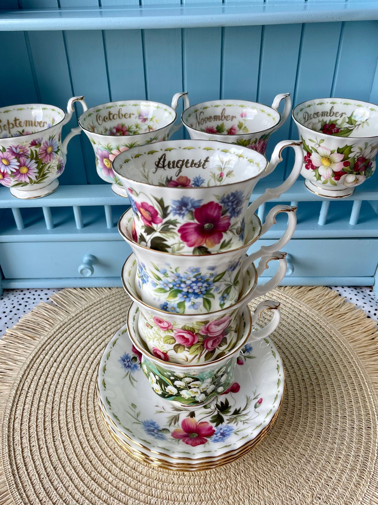 Vintage TeaSet of 12 'Royal Albert' Flower Of The Month Gentleman Sized Cup & Saucer, Fine Bone China, Perfect Gift, Made in England