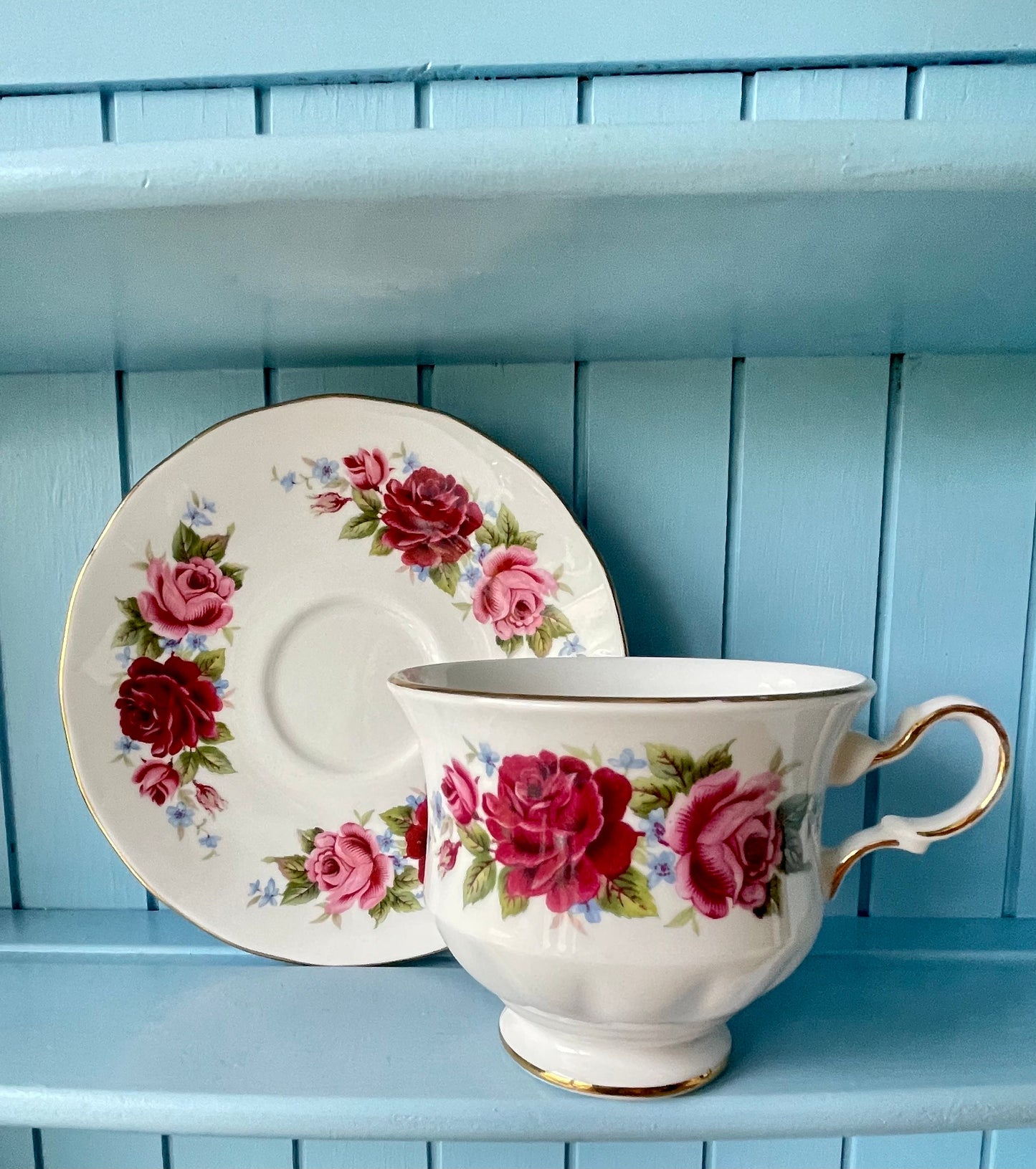 Elegant Vintage Queen Anne Tea Cup and Saucer - Red and Pink Floral Design, Antique English China, Cherished Collectible, 4 High-Tea Parties