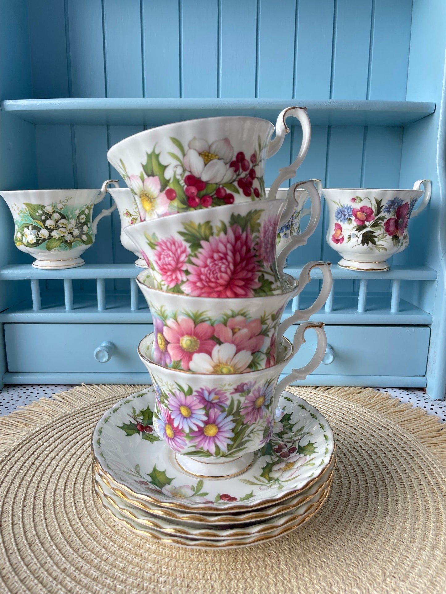 Vintage TeaSet of 12 'Royal Albert' Flower Of The Month Gentleman Sized Cup & Saucer, Fine Bone China, Perfect Gift, Made in England