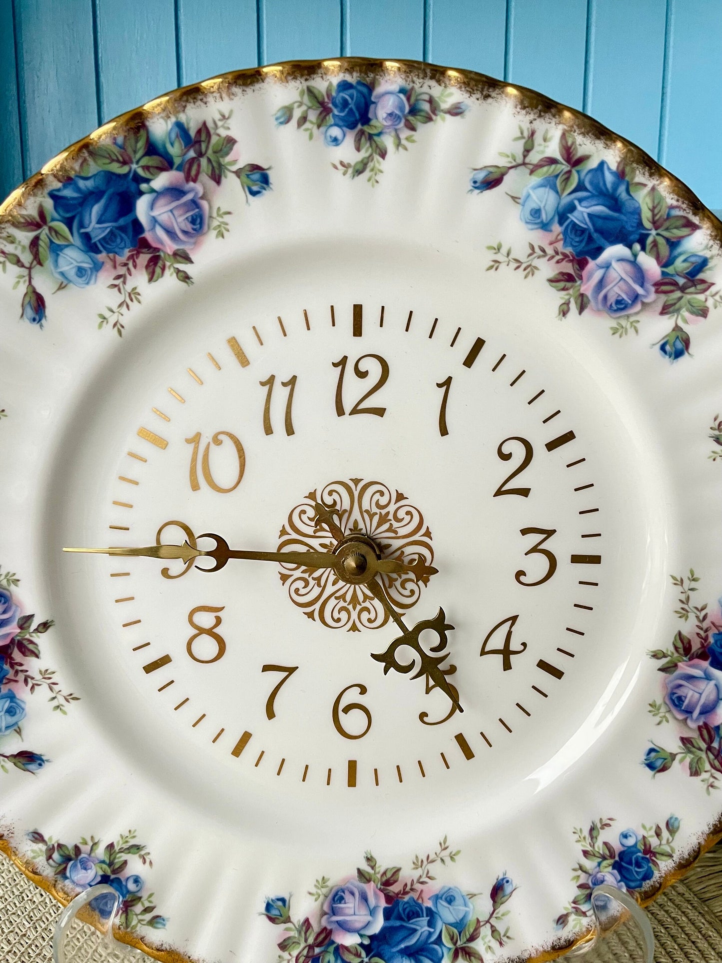 Hard to Find Royal Albert 'Moonlight Rose' Astral Quartz Clock: Timeless Elegant Wall Piece, Beautiful Blue Roses Decor, Made in England