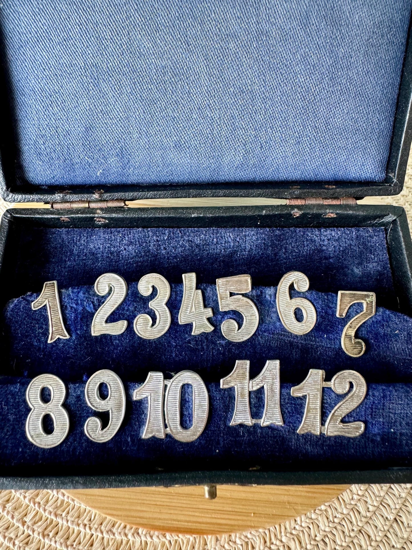 Antique Alpacca Silver Wine Glass Numbers, Wine Glass, Table Markers, English Dinner Party, 12 Alpacca Silver Numbers, Early 1900 Tableware