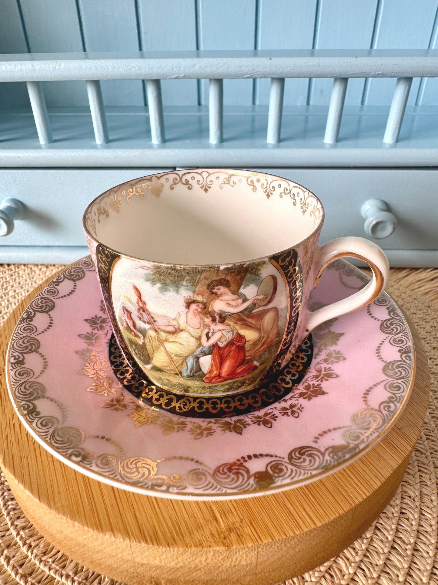Antique Royal Vienna Fragonard Espresso Cup & Saucer, Beehive Mark Cup, Pink Gold Eggshell Porcelain, Matched Set, Vintage Romantic, Austria