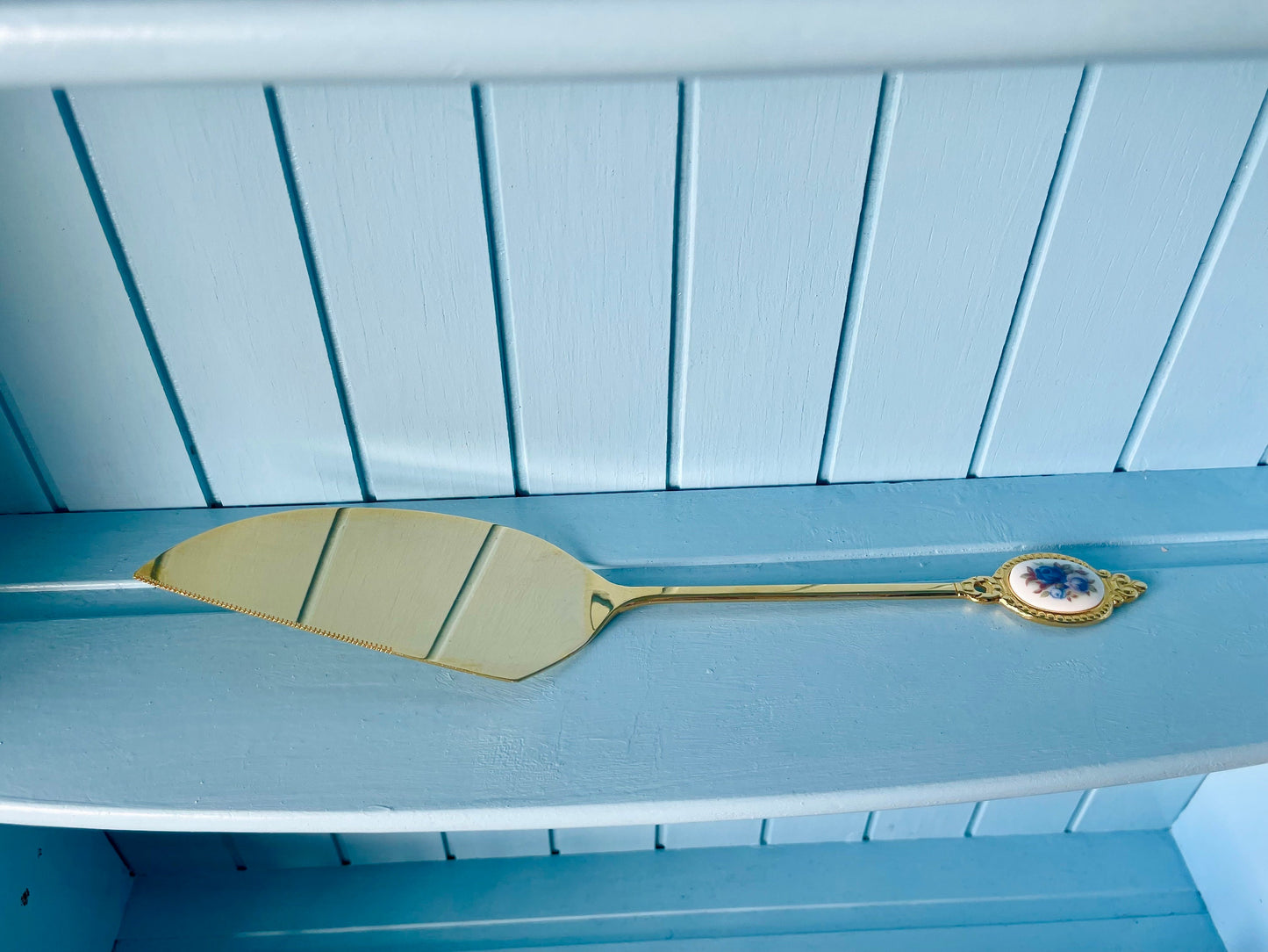 Hard to Find and Very Collectible Royal Albert "Moonlight Rose" Gold Plated Cake Knife with Blue Roses Decor, Cake Slicer, Made in Japan