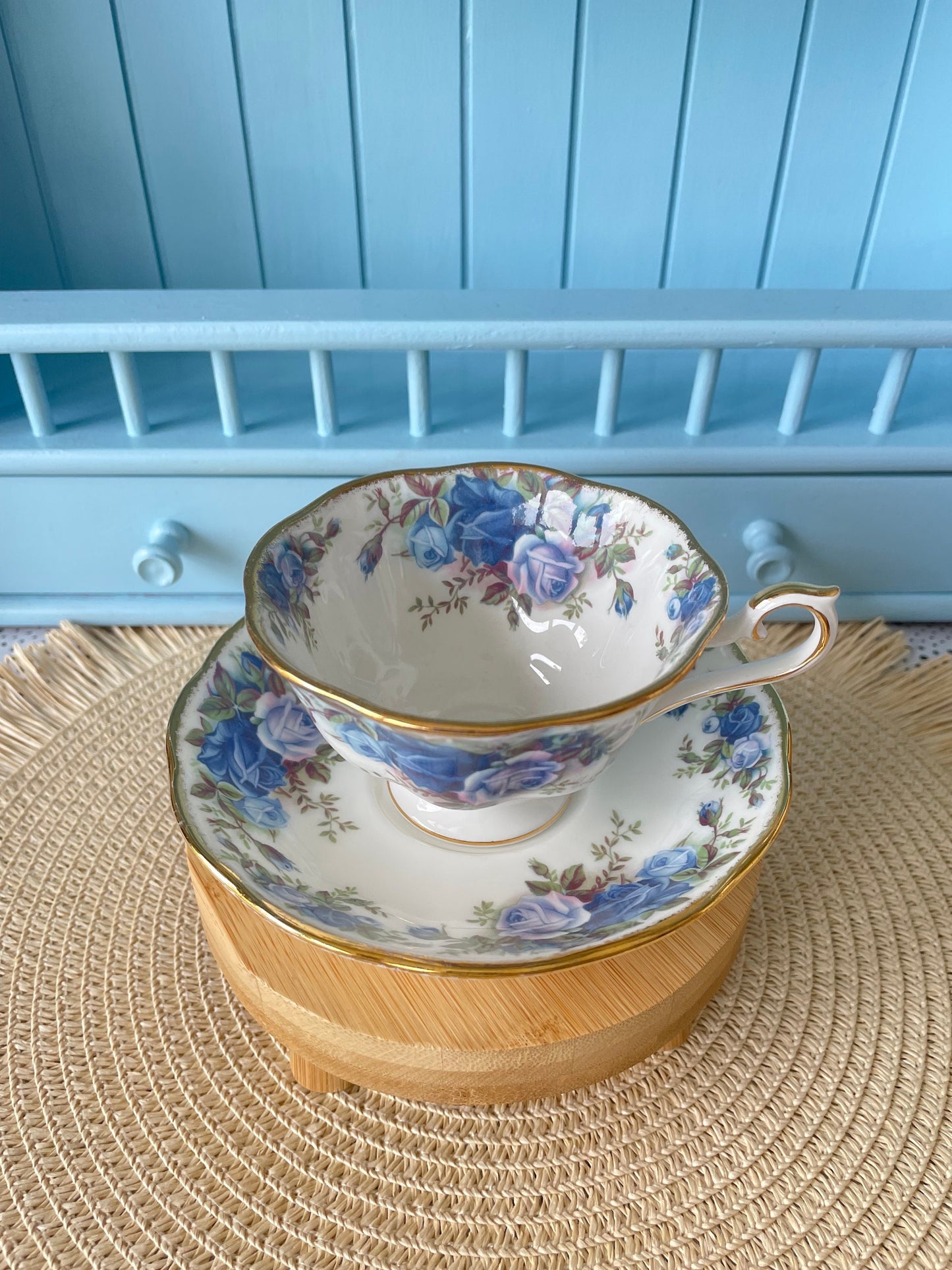 Pristine Avon Shaped Royal Albert "Moonlight Rose" Teacup & Saucer, Fine Bone China, Blue Roses Decor, Highly Sought After, Made in England