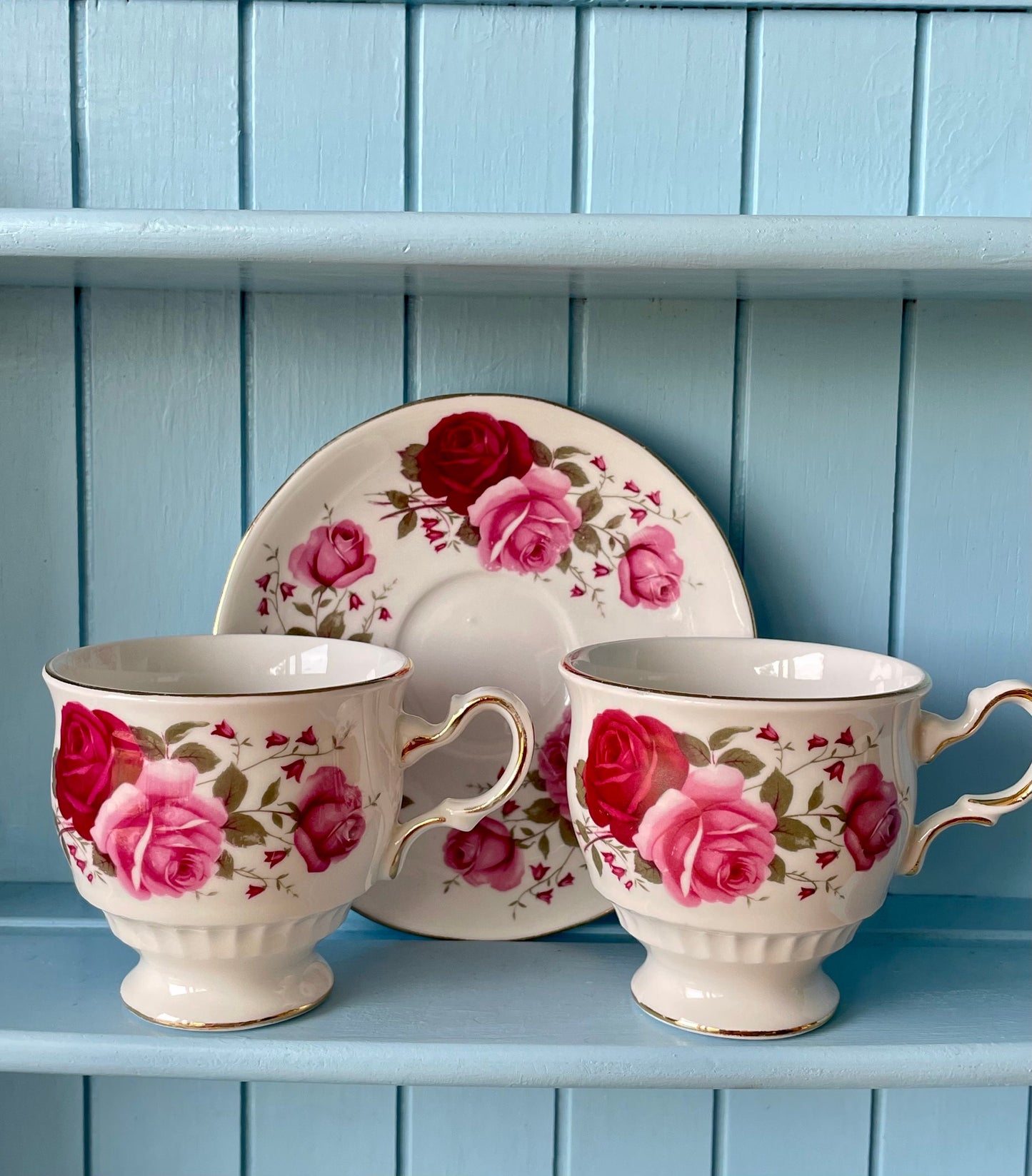 Vintage Queen Anne, Pink and Red Roses Floral Bone Tea Cup and Saucer, Antique English China, Previously Loved, Ribbed Cup, Made in England