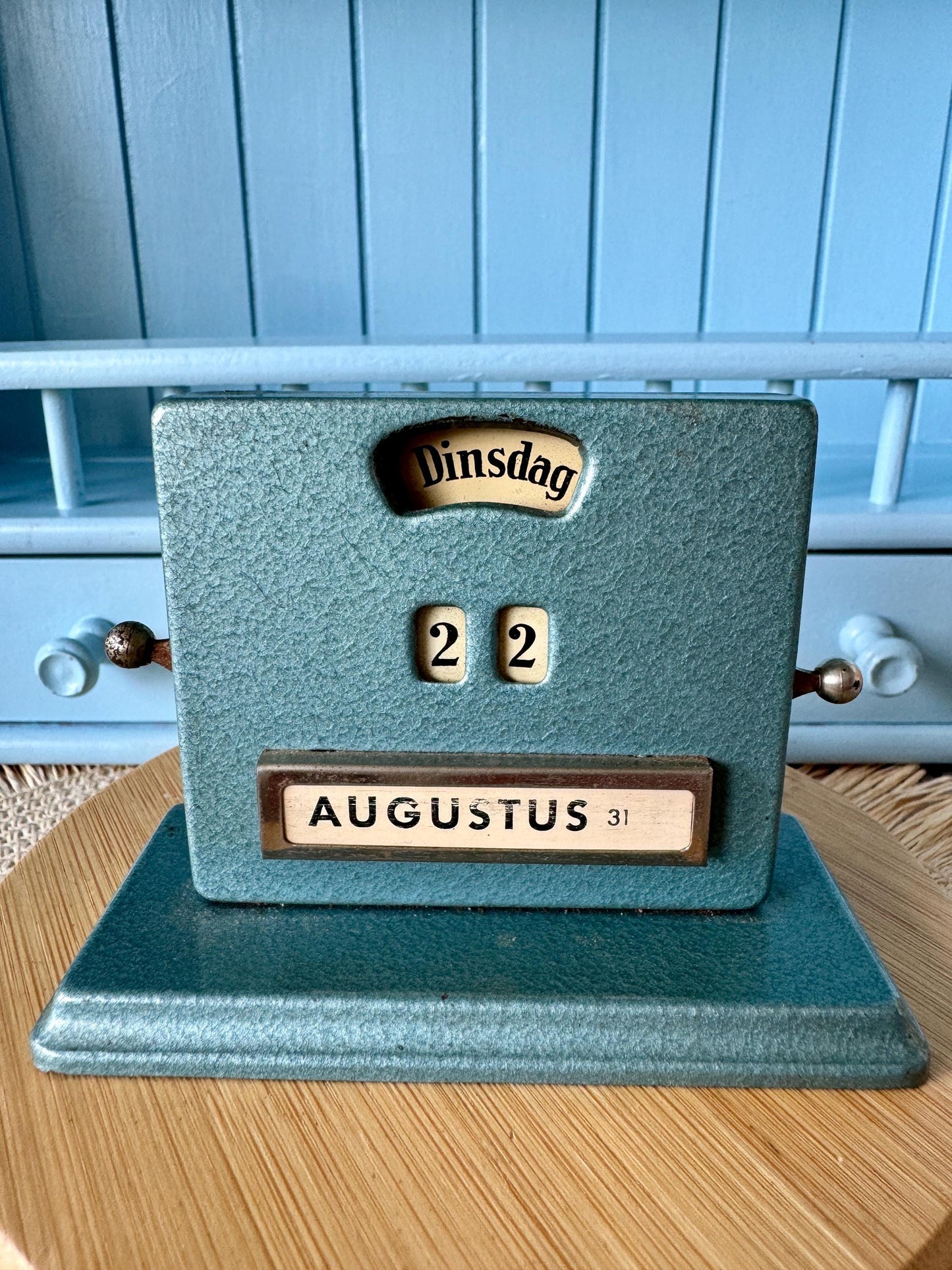Beautiful Vintage Art Deco Perpetual Calendar by Jakob Maul, 1930s Design, Complete Set, Dutch Language, Petrol Blue/Green, Made in Germany