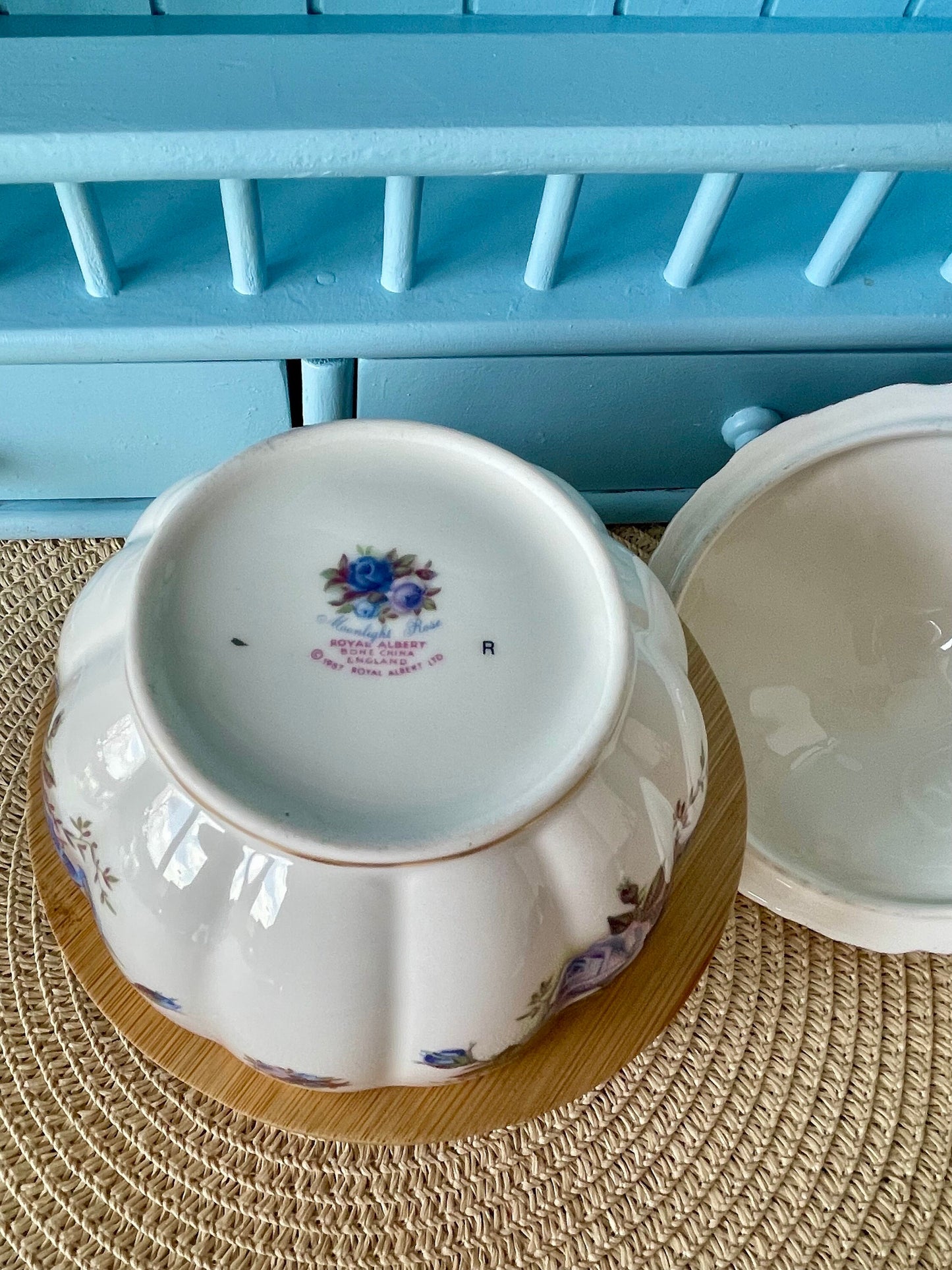Vintage Royal Albert Moonlight Rose Candy Dish with Lid, Blue Roses & Gold Trim, Perfect for Candy, Bonbon Dish, English Bone China