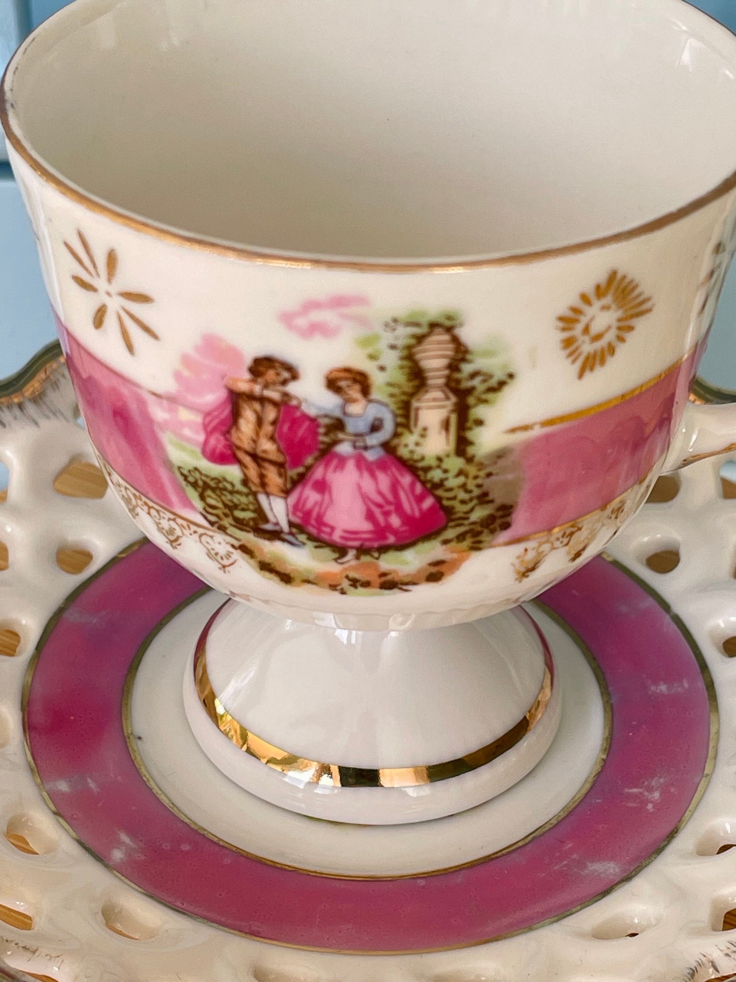 Hard to Find Rare Vintage Versailles, Pearl Shine Versailles Teacup & Laced Saucer with Fragonard Love Scene, Shabby Chic, Made in France