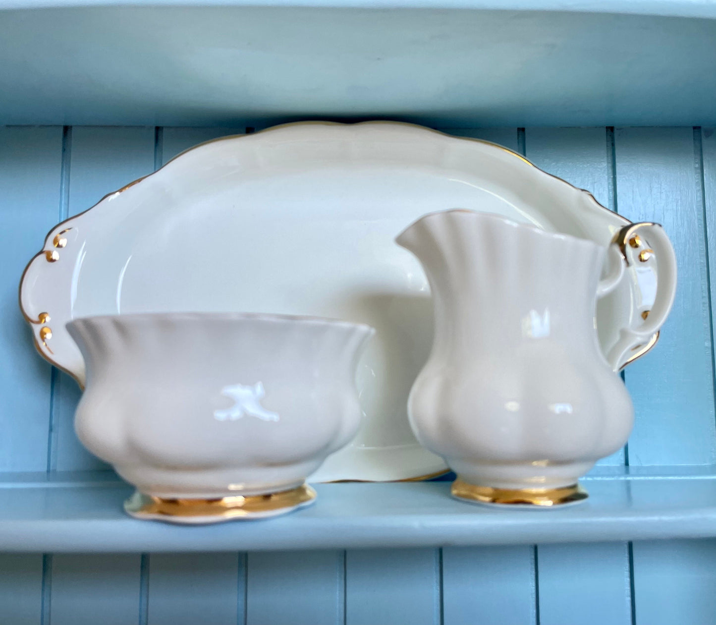 Crisp White Royal Albert "Val D'Or" Gold Creamer Set, Sugar Bowl, Milk Jug & Platter, Bone China England, Previously Loved Vintage, High-Tea