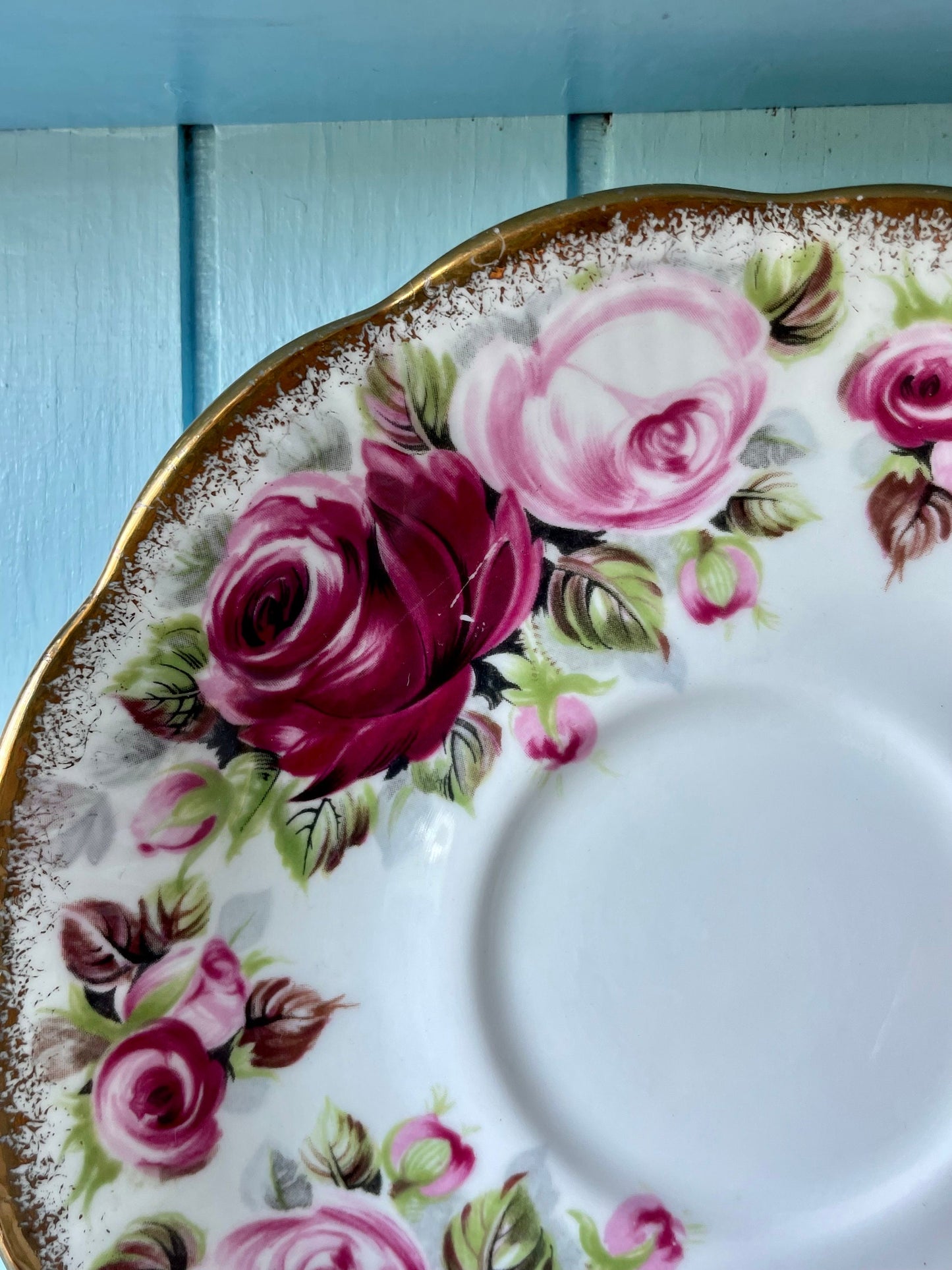 Collectors TeaCup, Royal Albert "Summer Bounty Ruby" Gainsborough Tea Set, Thick Gold, Bone China, Pink Cabbage Roses Decor, Made in England