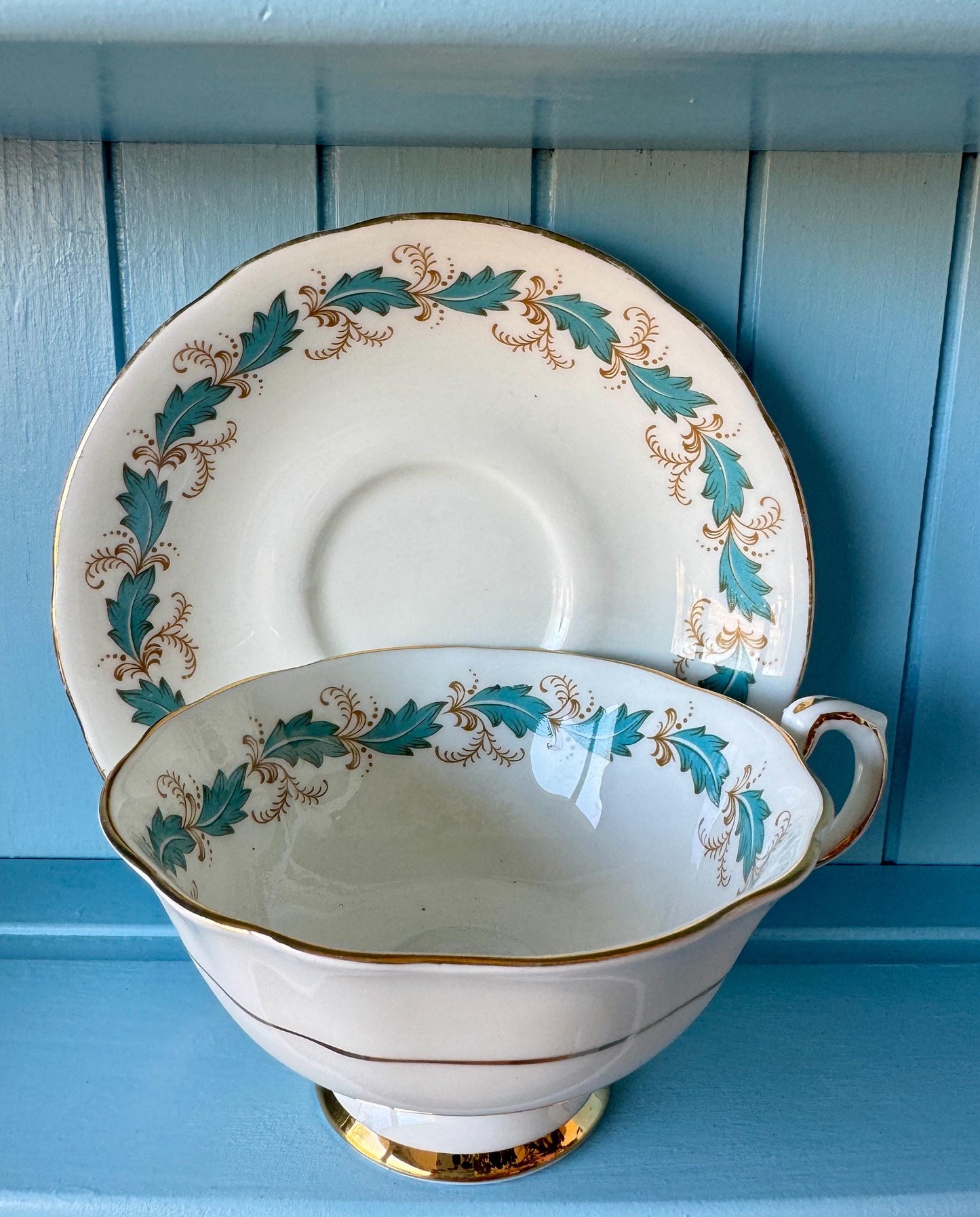 Vintage 1970s Paragon Affection Blue Leafs Gold Duo, Bone China, Floral Blue Leaf Design, Preciously Loved, Appointment HM Queen Elizabeth