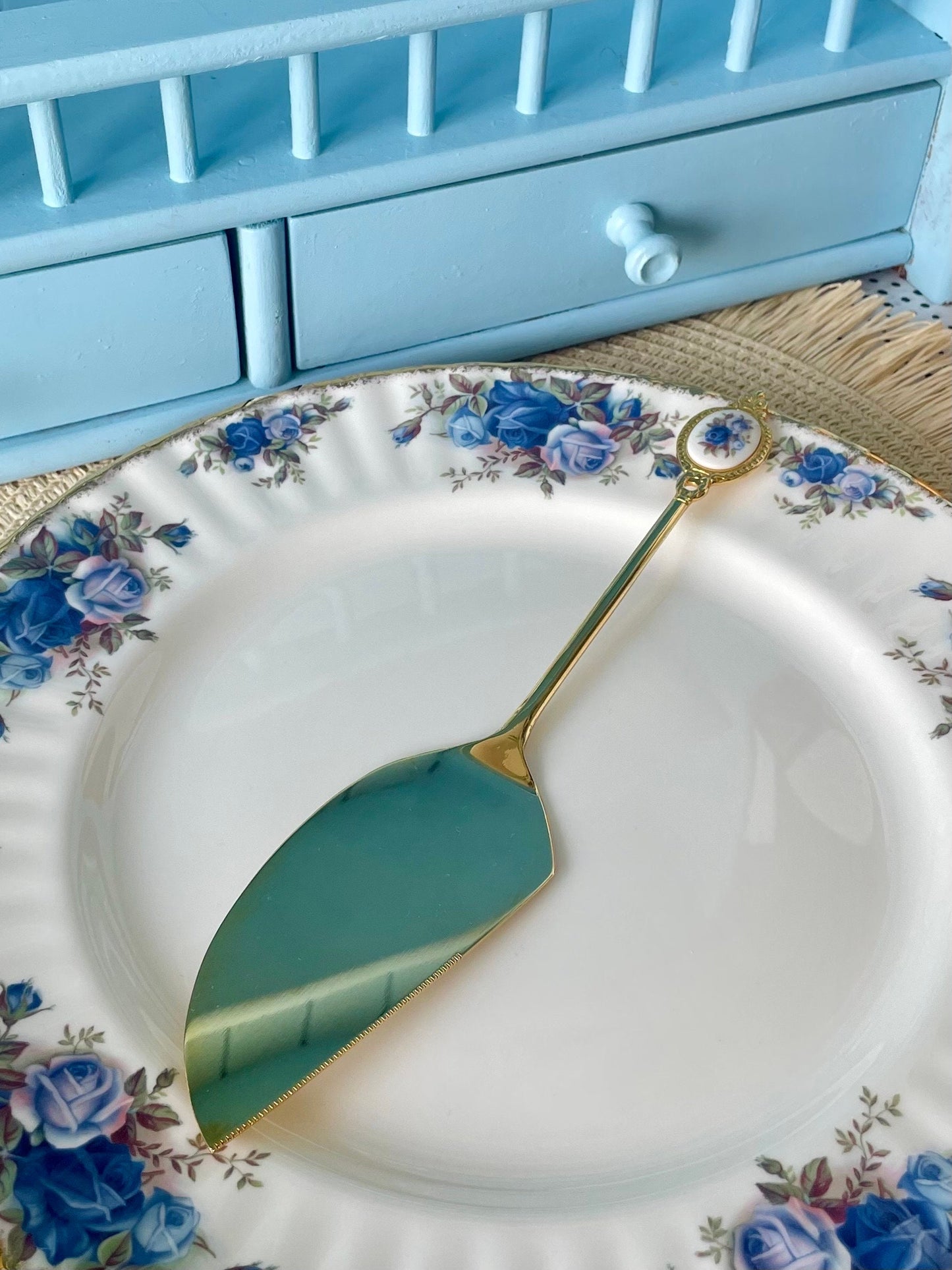 Hard to Find and Very Collectible Royal Albert "Moonlight Rose" Gold Plated Cake Knife with Blue Roses Decor, Cake Slicer, Made in Japan