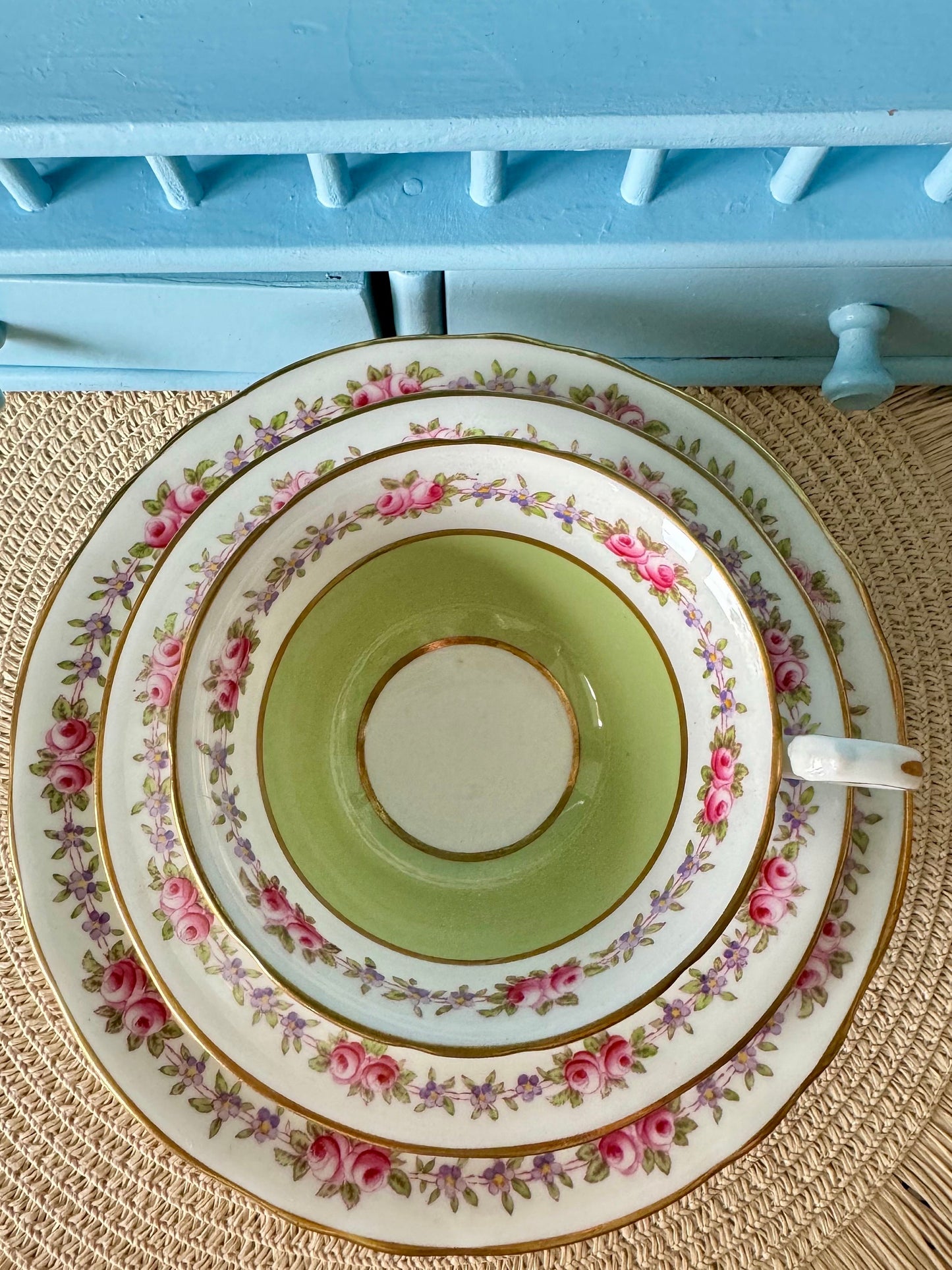 Rare Vintage Aynsley Trio, Teacup, Saucer & Cake Plate Set ,Very Good Condition, Green Roses Design, Early 20th Century, Bone China England