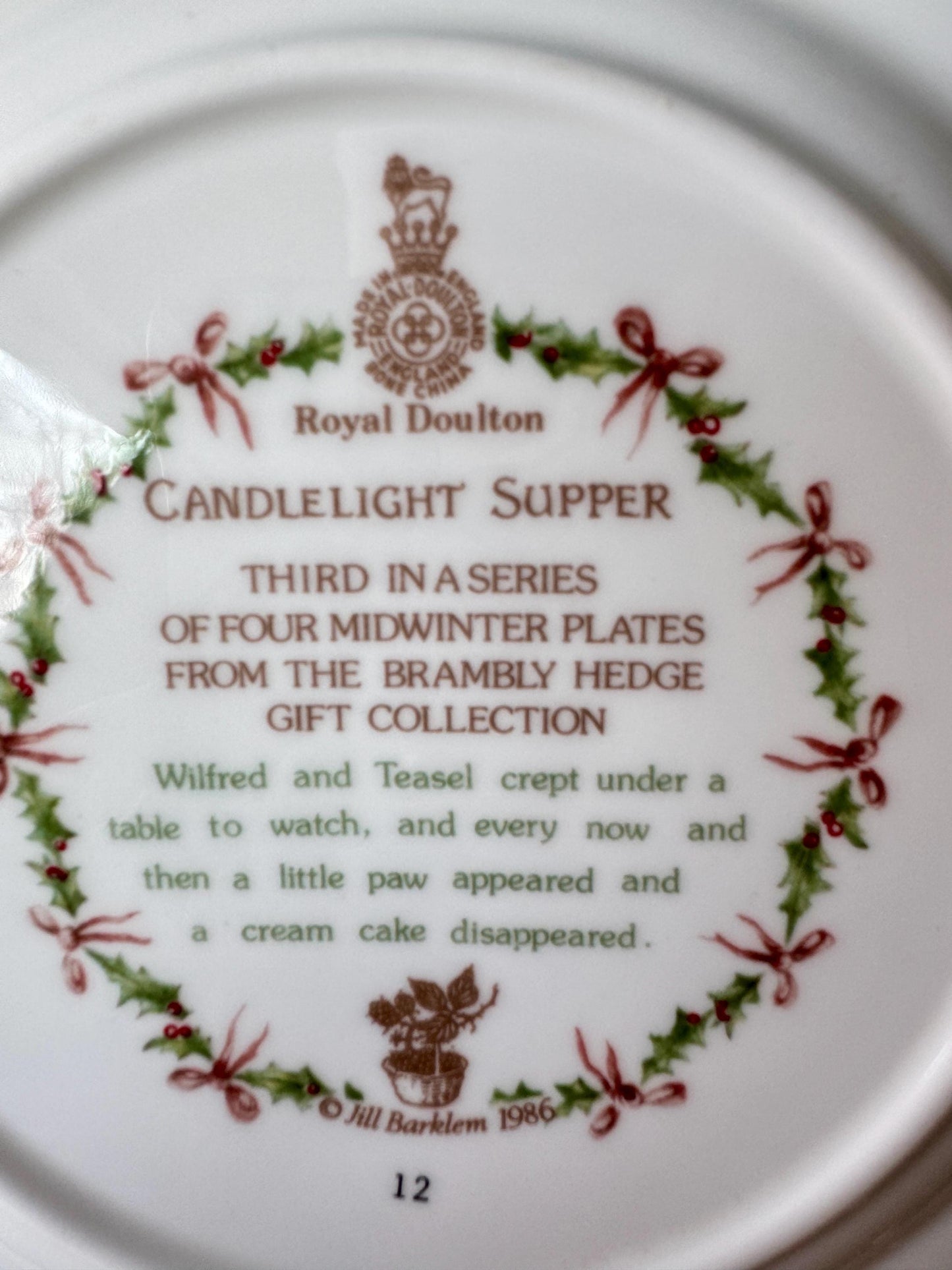 Vintage Royal Doulton "Brambly Hedge" Candlelight Supper Plate, Midwinter Collection 8 Inch Plate, Jill Barklem, Bone China, Made inEngland