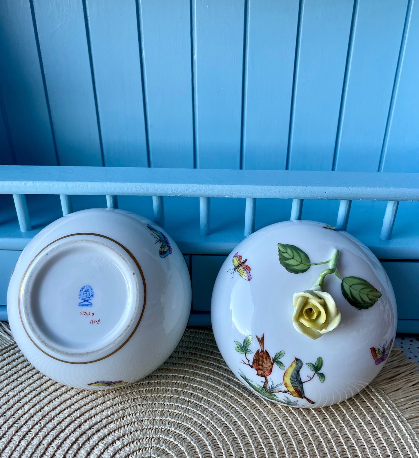 Pretty Vintage Herend Rothschild Birds Trinket Dish, HandPainted, Hungarian Porcelain, Yellow Rose Finial, Previously Loved, Made in Hungary