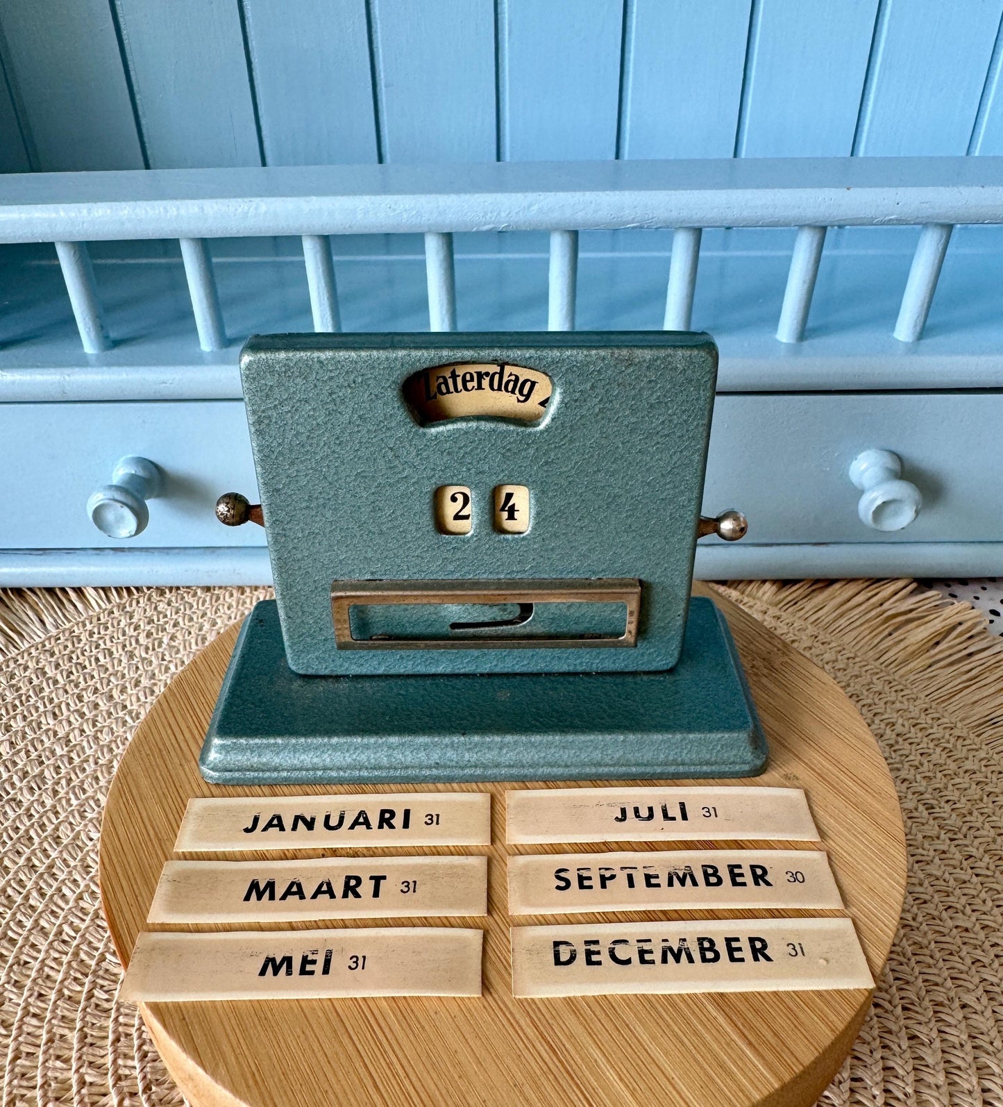 Beautiful Vintage Art Deco Perpetual Calendar by Jakob Maul, 1930s Design, Complete Set, Dutch Language, Petrol Blue/Green, Made in Germany