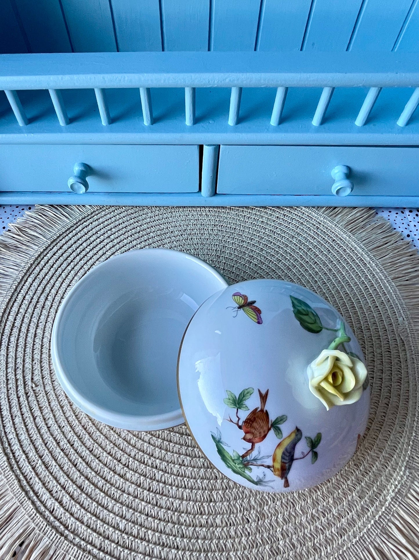 Pretty Vintage Herend Rothschild Birds Trinket Dish, HandPainted, Hungarian Porcelain, Yellow Rose Finial, Previously Loved, Made in Hungary