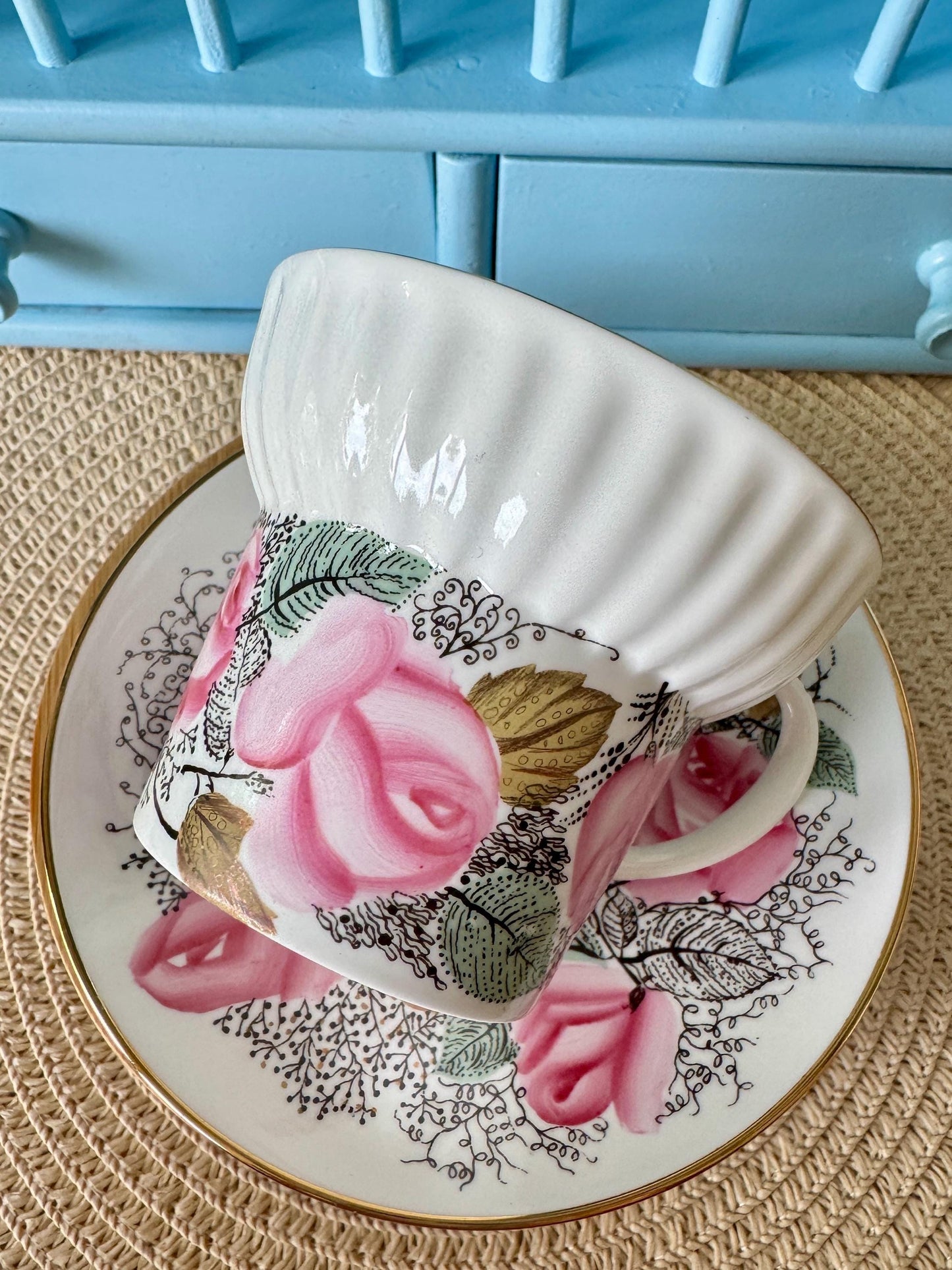 Rare Lomonosov Good Morning Teacup & Saucer | Pink Roses | Wave Model | 1970-1986 | Hand-Painted Bone China | Perfect Gold | Made in Russia