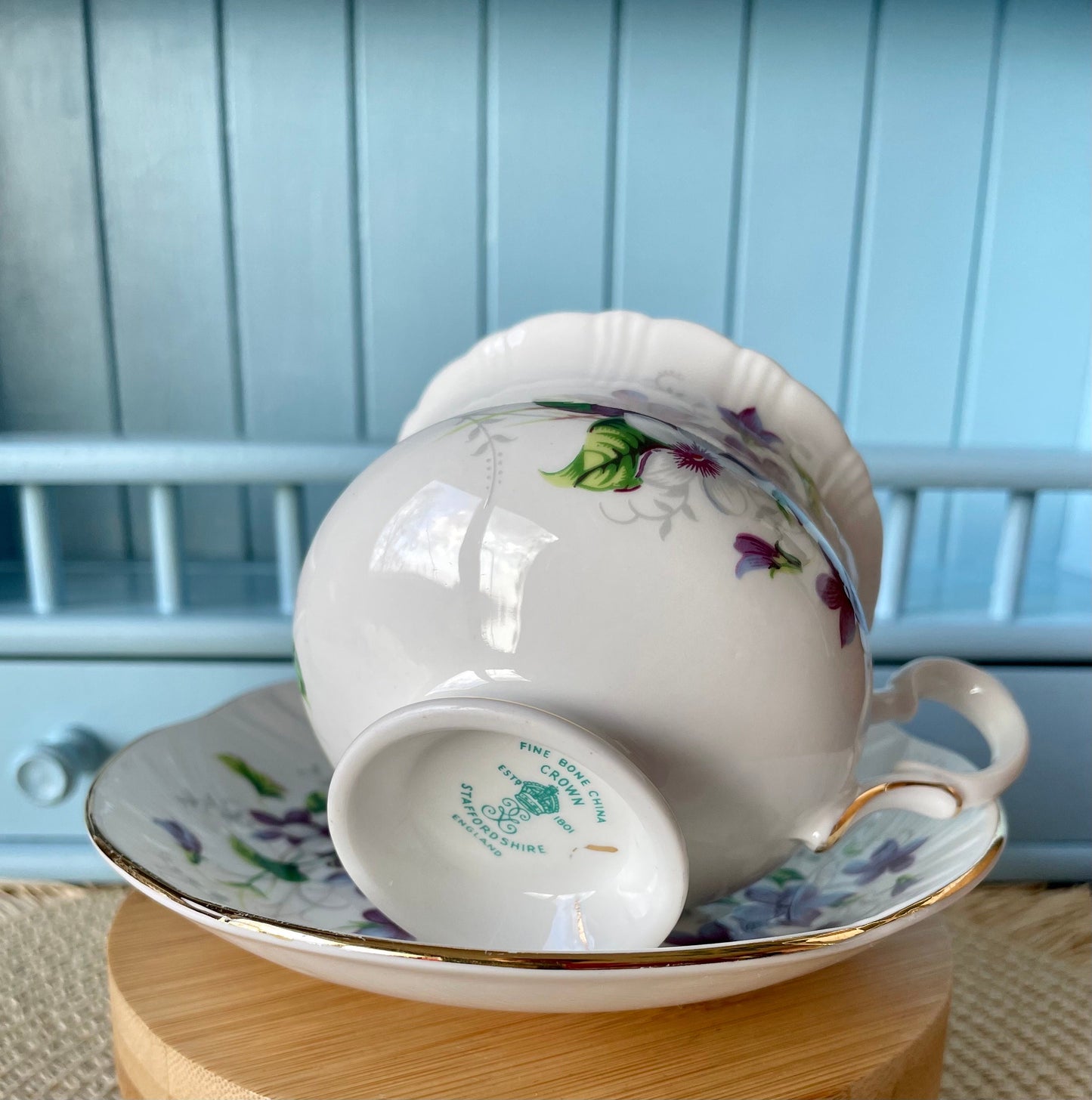 Vintage Crown Staffordshire Tea Cup and Saucer, Purple Pansies, Fine Bone China, Previously Loved Antique Tea, For High-Tea, Made in England