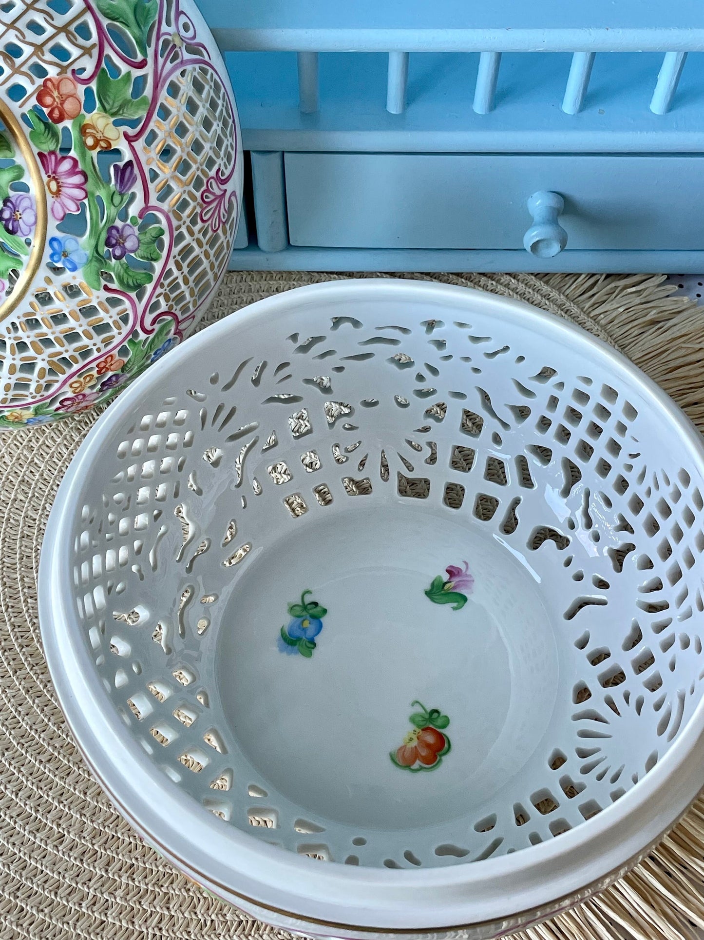 Rare Vintage Herend Porcelain Bonbonniere with FREE GIFT, Exquisite Design, Hand-Painted, Gold-Plated, Large Open Work Basket, Made Hungary