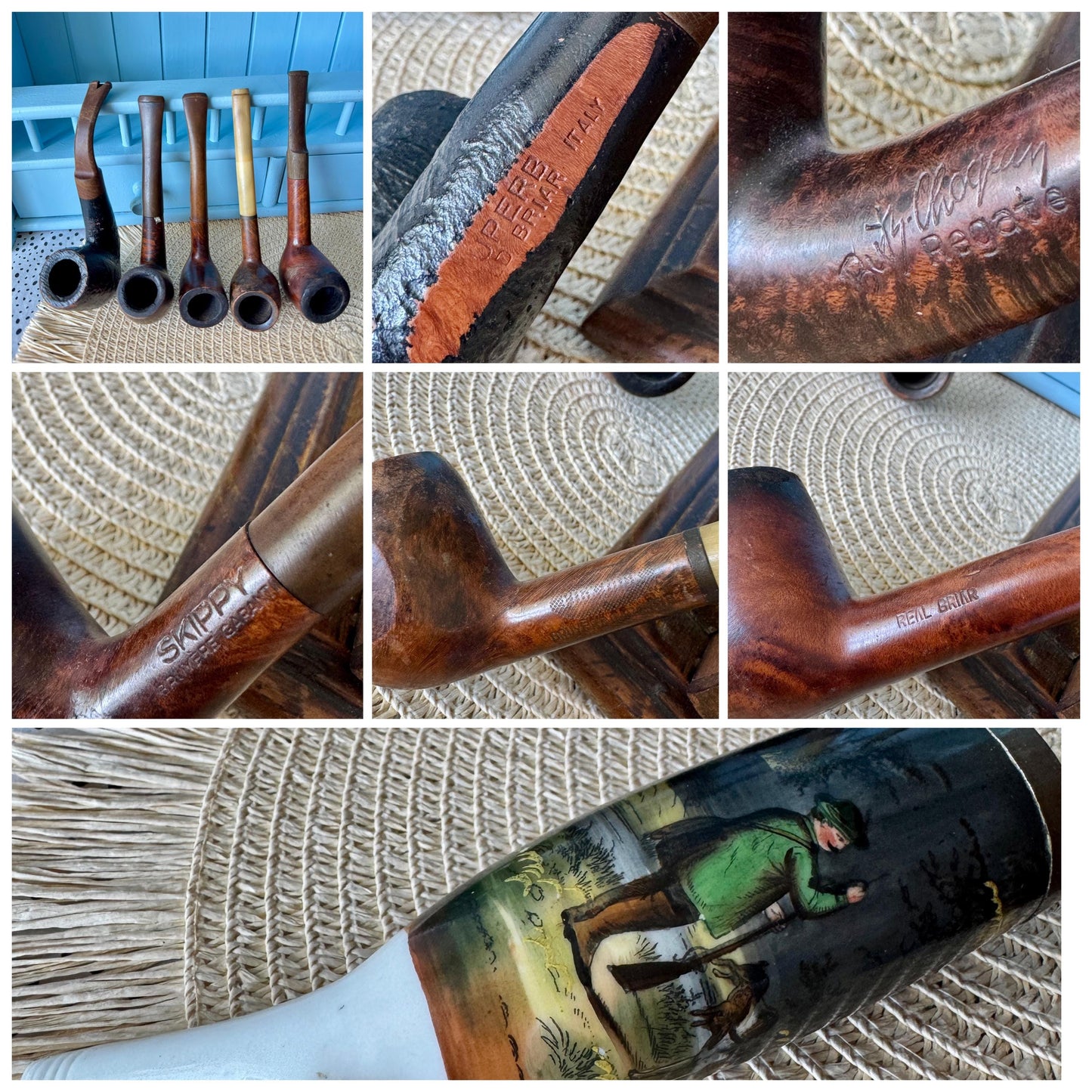 Antique 1920s Oak Pipe Cabinet with 6 Original Pipes & Key, Vintage Tobacco Box, Smoking Memorabilia Collectible Fathers Day Gift, England
