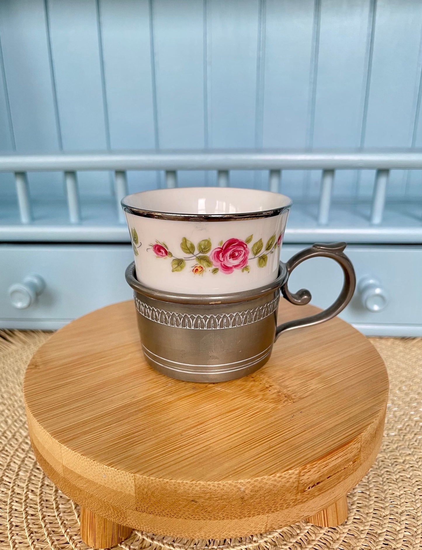 Beautiful Vintage Tin Cup Holder with Bareuther Bavaria Porcelain Teacup, Previously Loved Antique, Collectors Item, Lovely, Made In Germany