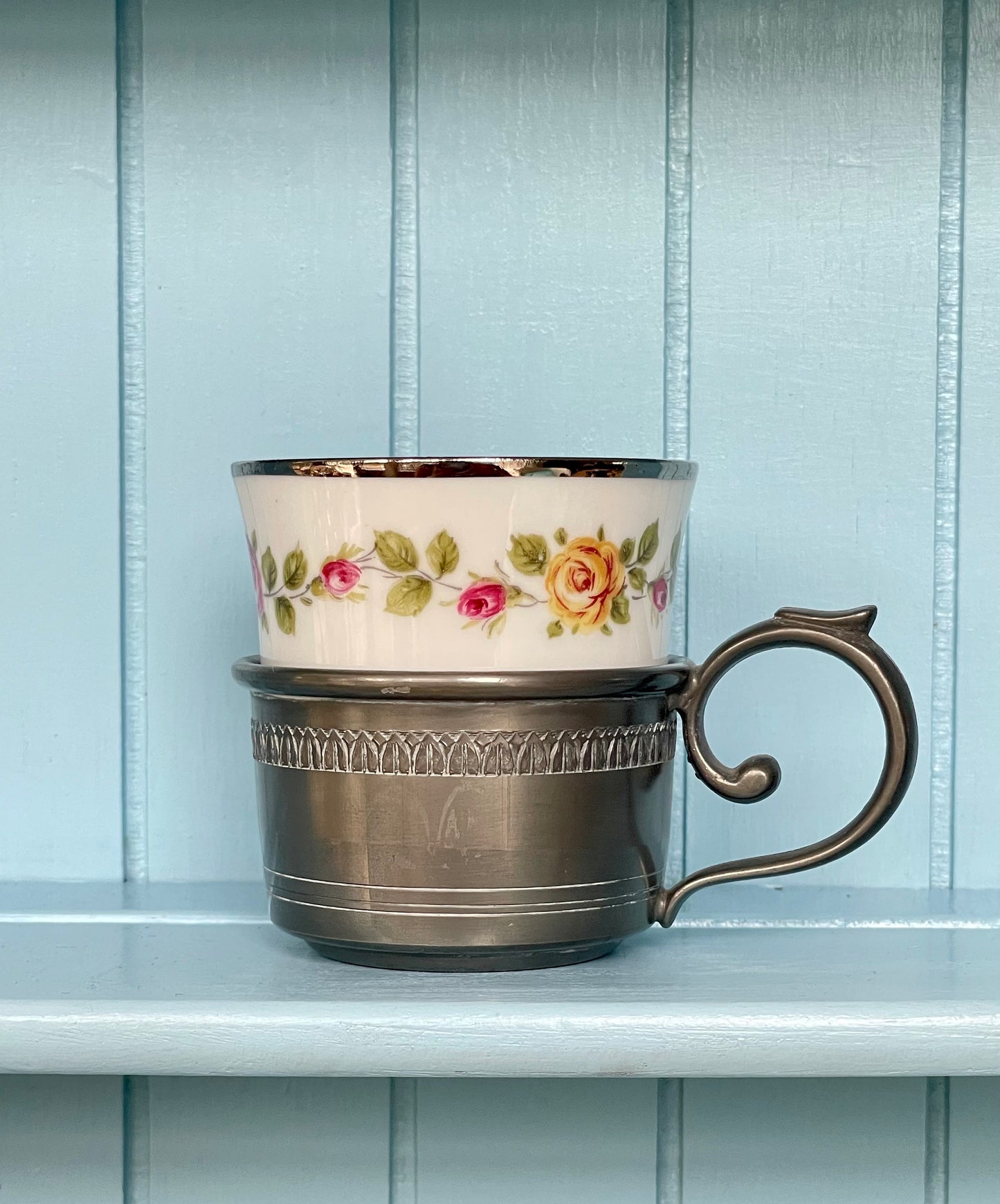 Beautiful Vintage Tin Cup Holder with Bareuther Bavaria Porcelain Teacup, Previously Loved Antique, Collectors Item, Lovely, Made In Germany