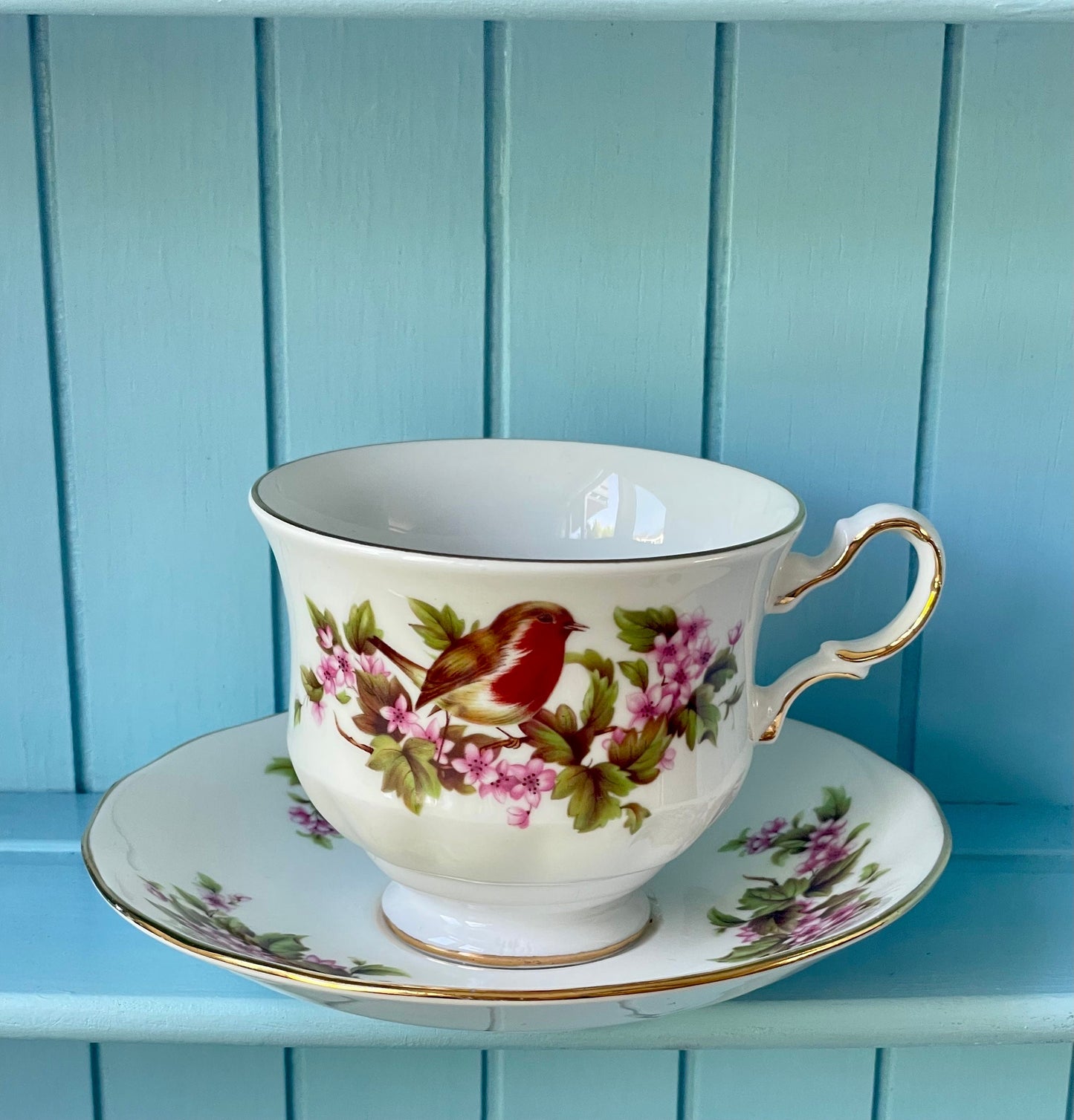 Vintage Queen Anne Robin, Pink Floral Bone Tea Cup and Saucer, Antique English China, Previously Loved Vintage Cup, High-Tea Bridal Party