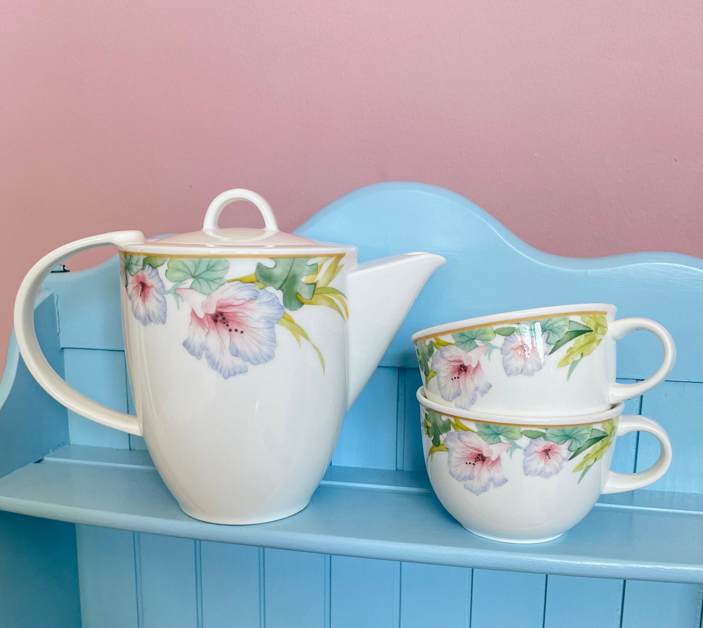 Vintage Villeroy & Boch "Exotica" Teapot With 2 Teacups Saucers, Porcelain From Luxembourg, Previously Loved, High-Tea, Rare Set 80's style