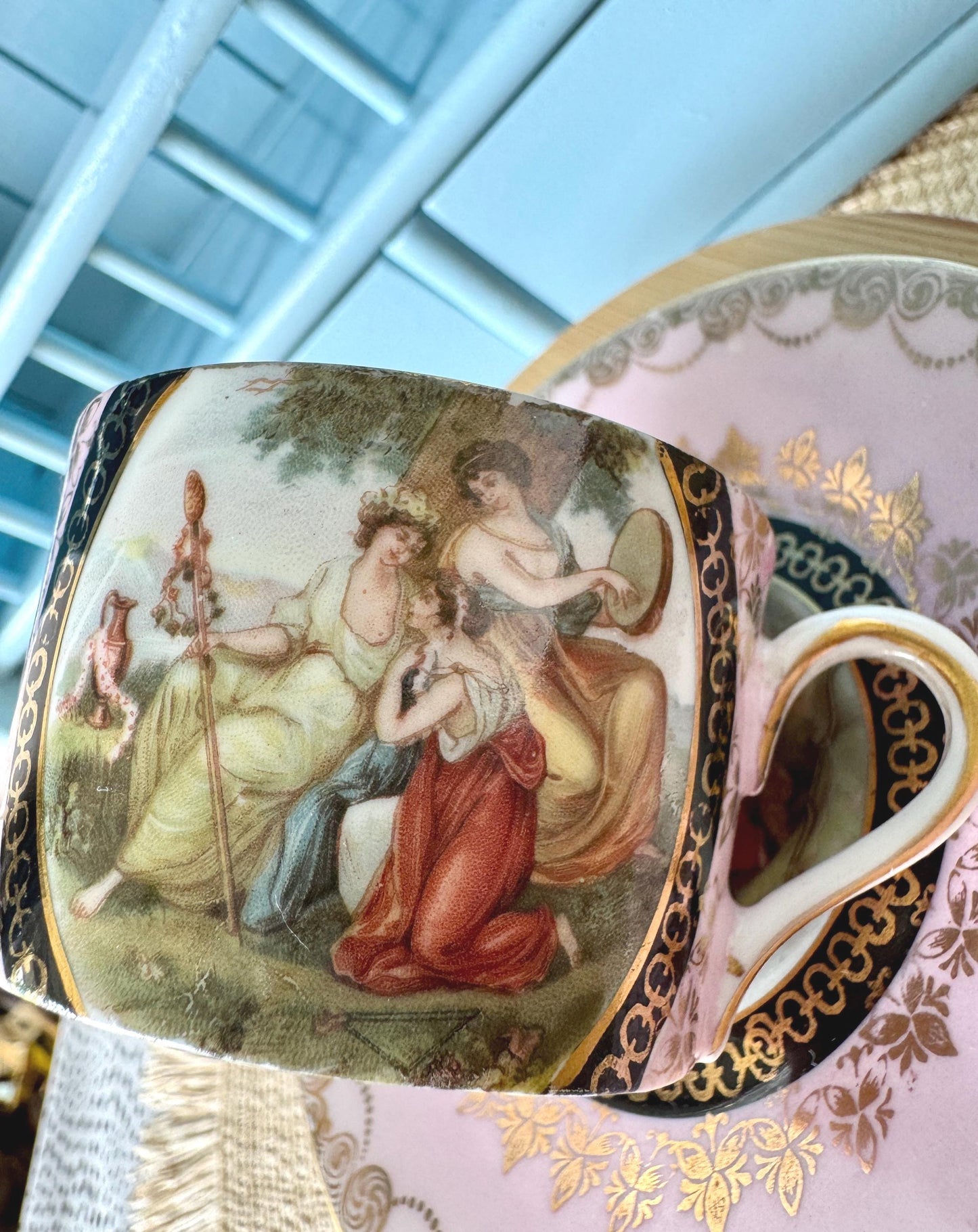 Antique Royal Vienna Fragonard Espresso Cup & Saucer, Beehive Mark Cup, Pink Gold Eggshell Porcelain, Matched Set, Vintage Romantic, Austria