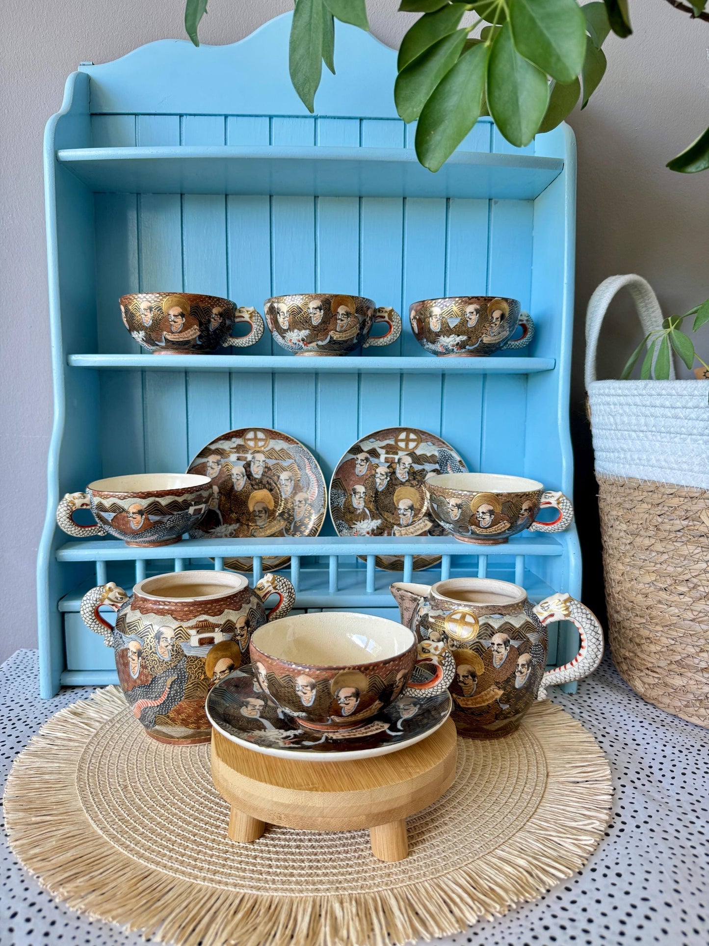 Antique Japanese Satsuma Tea Set, Meiji Era Dragon Handle Teacups, Creamer & Sugar Jar, HandPainted Gilt Porcelain, Satsuma Immortals, Japan
