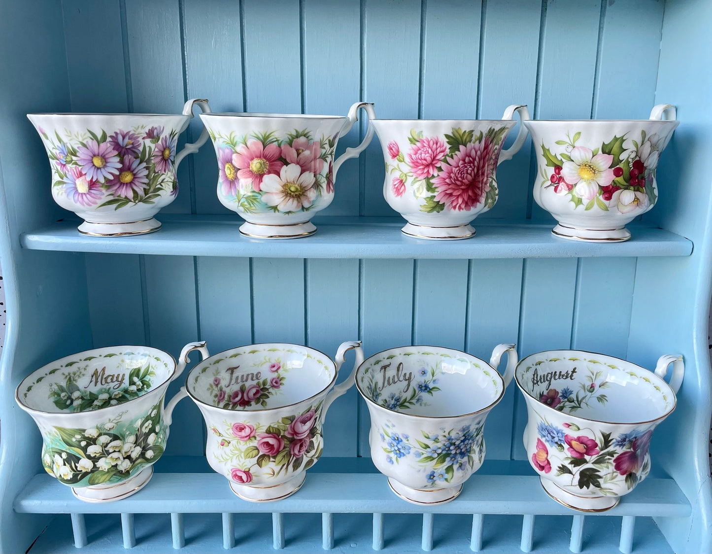 Vintage TeaSet of 12 'Royal Albert' Flower Of The Month Gentleman Sized Cup & Saucer, Fine Bone China, Perfect Gift, Made in England