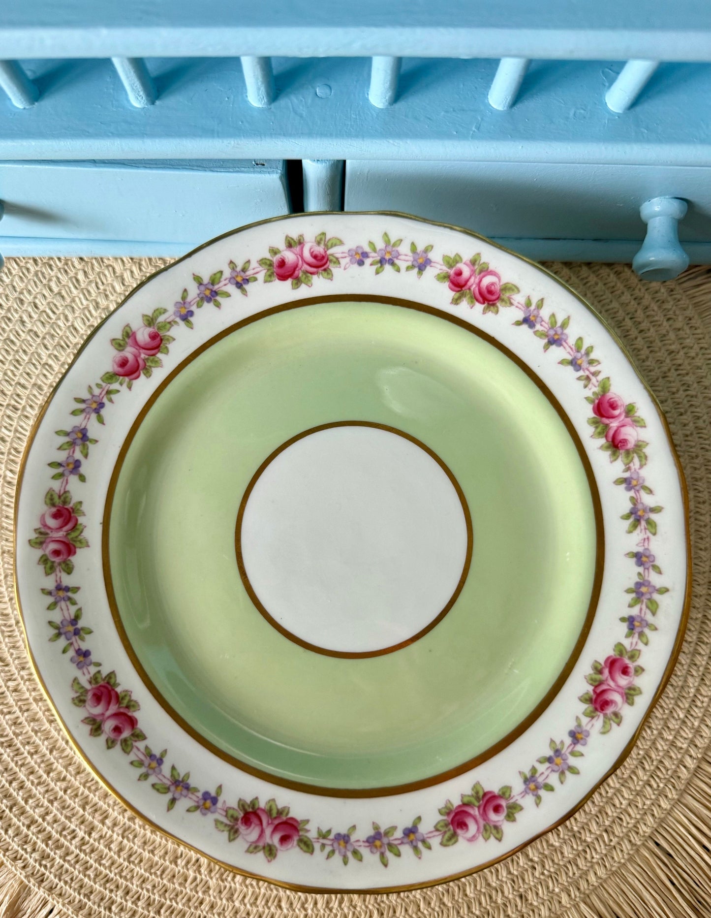 Rare Vintage Aynsley Trio, Teacup, Saucer & Cake Plate Set ,Very Good Condition, Green Roses Design, Early 20th Century, Bone China England