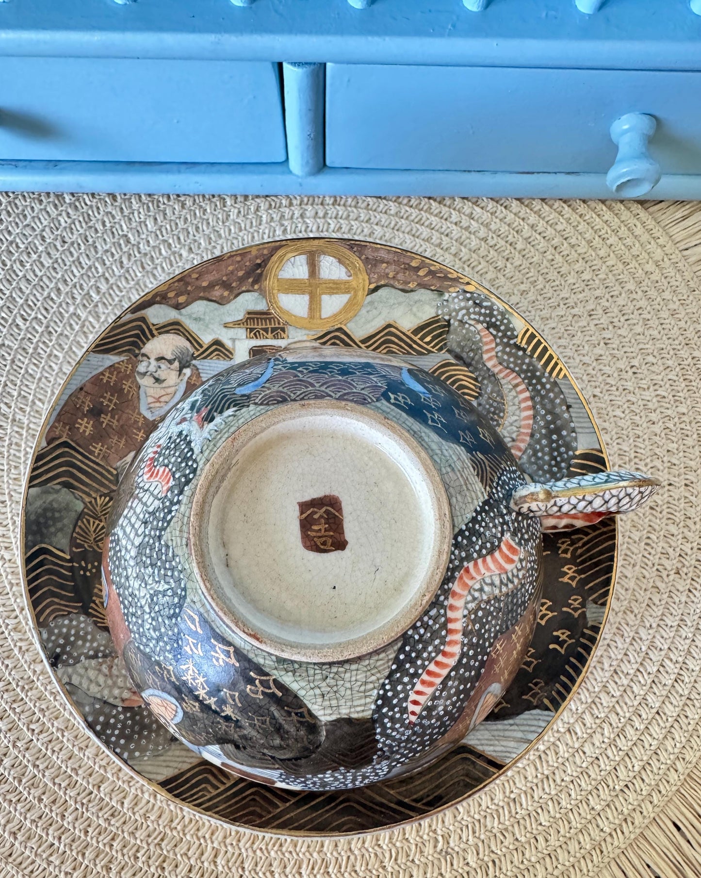 Antique Japanese Satsuma Tea Set, Meiji Era Dragon Handle Teacups, Creamer & Sugar Jar, HandPainted Gilt Porcelain, Satsuma Immortals, Japan