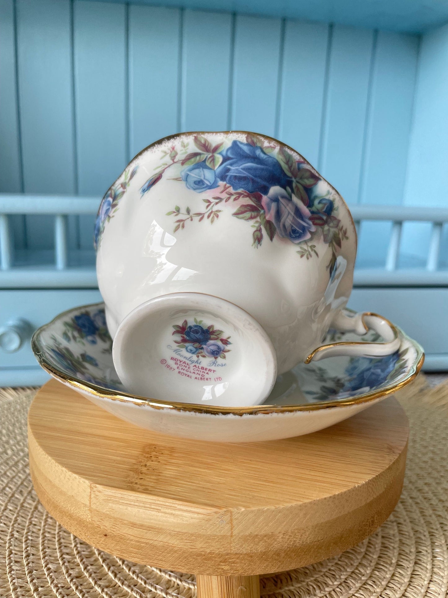 Pristine Avon Shaped Royal Albert "Moonlight Rose" Teacup & Saucer, Fine Bone China, Blue Roses Decor, Highly Sought After, Made in England