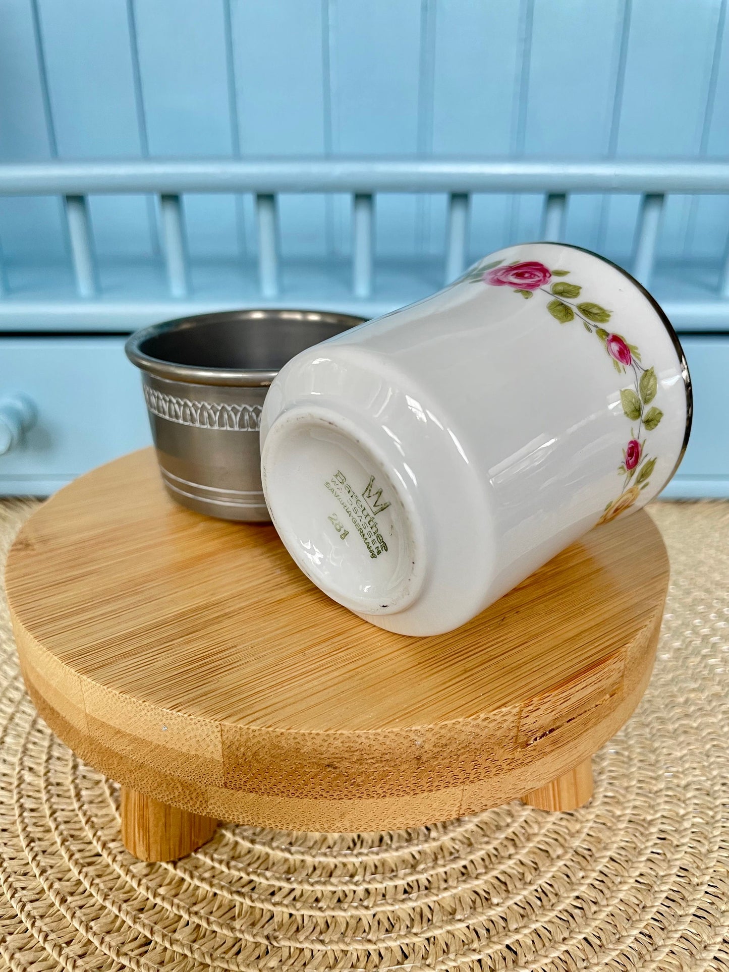 Beautiful Vintage Tin Cup Holder with Bareuther Bavaria Porc