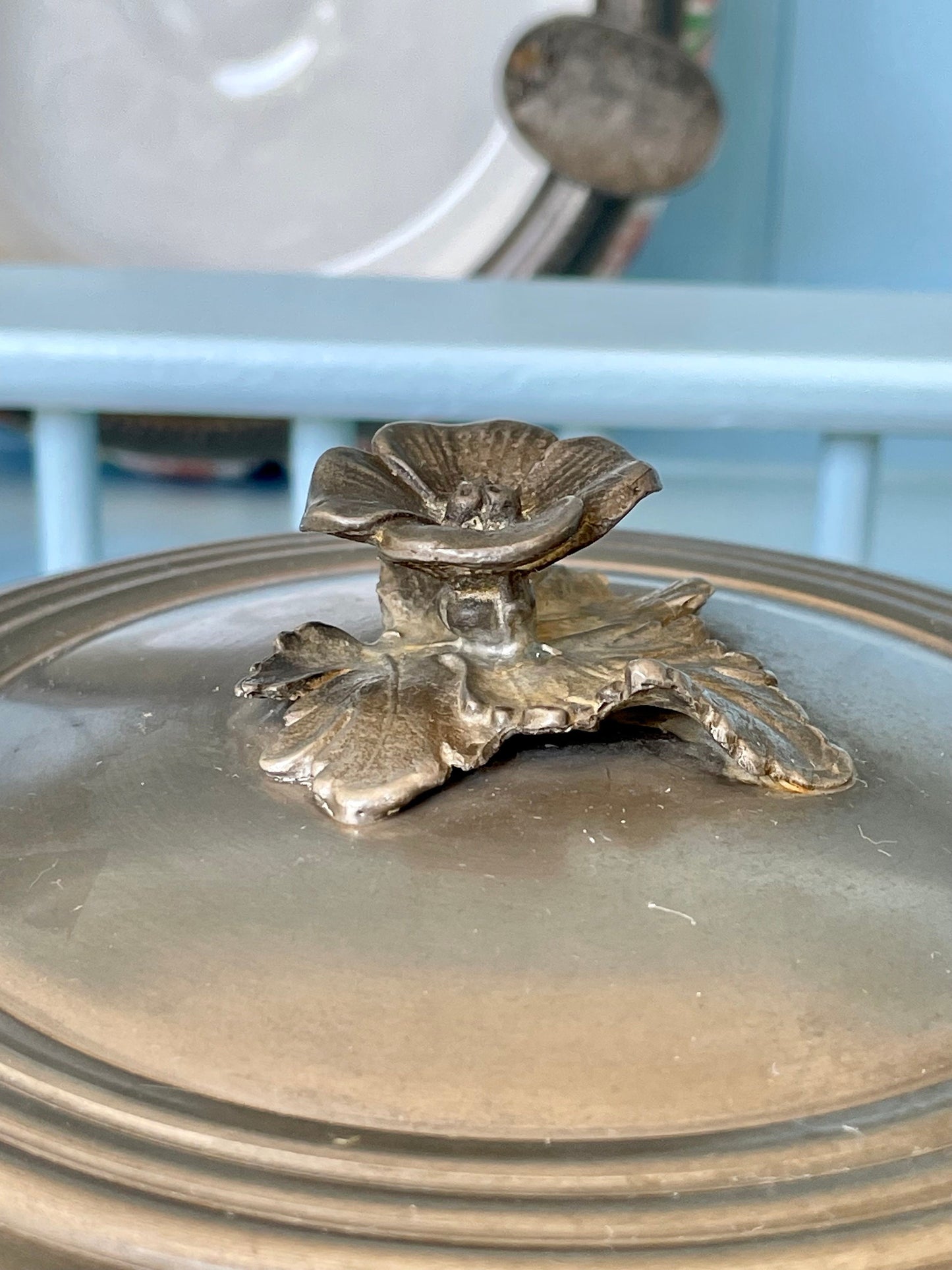 Beautiful Vintage Porcelain Bowl With Tin Lid & Rose