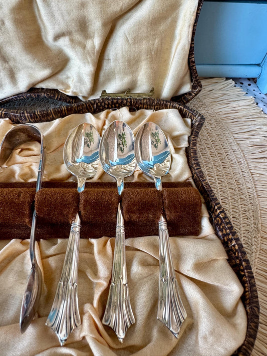 Vintage EPNS Silver-Plated Spoons & Sugar Tongs in Original