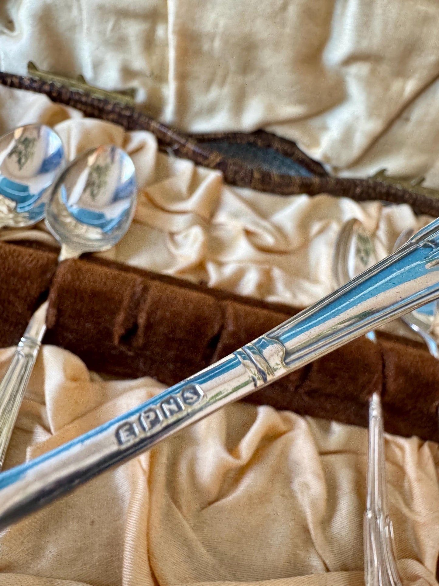 Vintage EPNS Silver-Plated Spoons & Sugar Tongs in Original