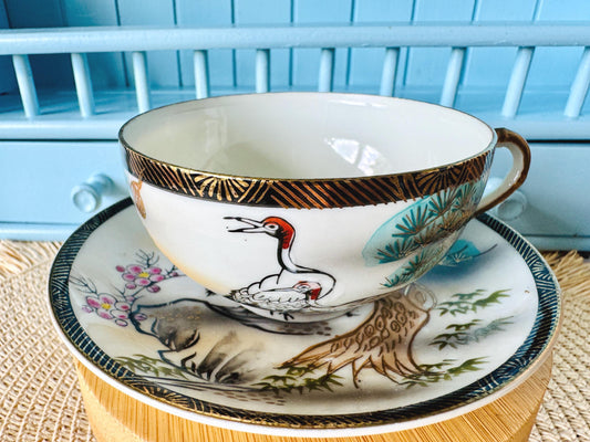 Vintage Japanese Eiwa Kinsei Crane & Pine Tree Teacup and Sa